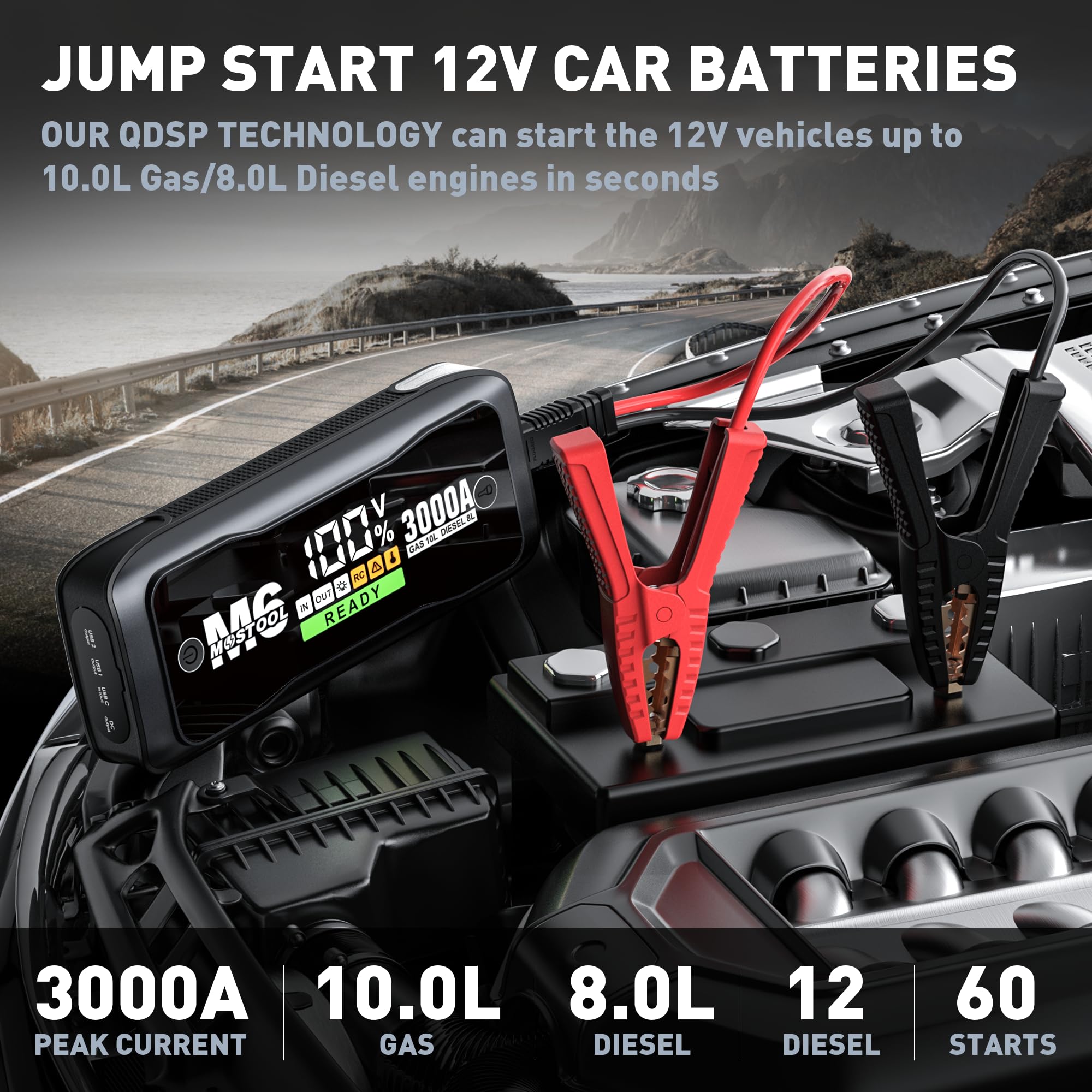 MOSTOOL M6 3000A Peak Car Battery Jump Starter Battery Pack, Portable Jumper Box, Battery Booster Start, 12V Car Battery Charger and Jumper Cables for 10.0L Gas and 8.0L Diesel Engines