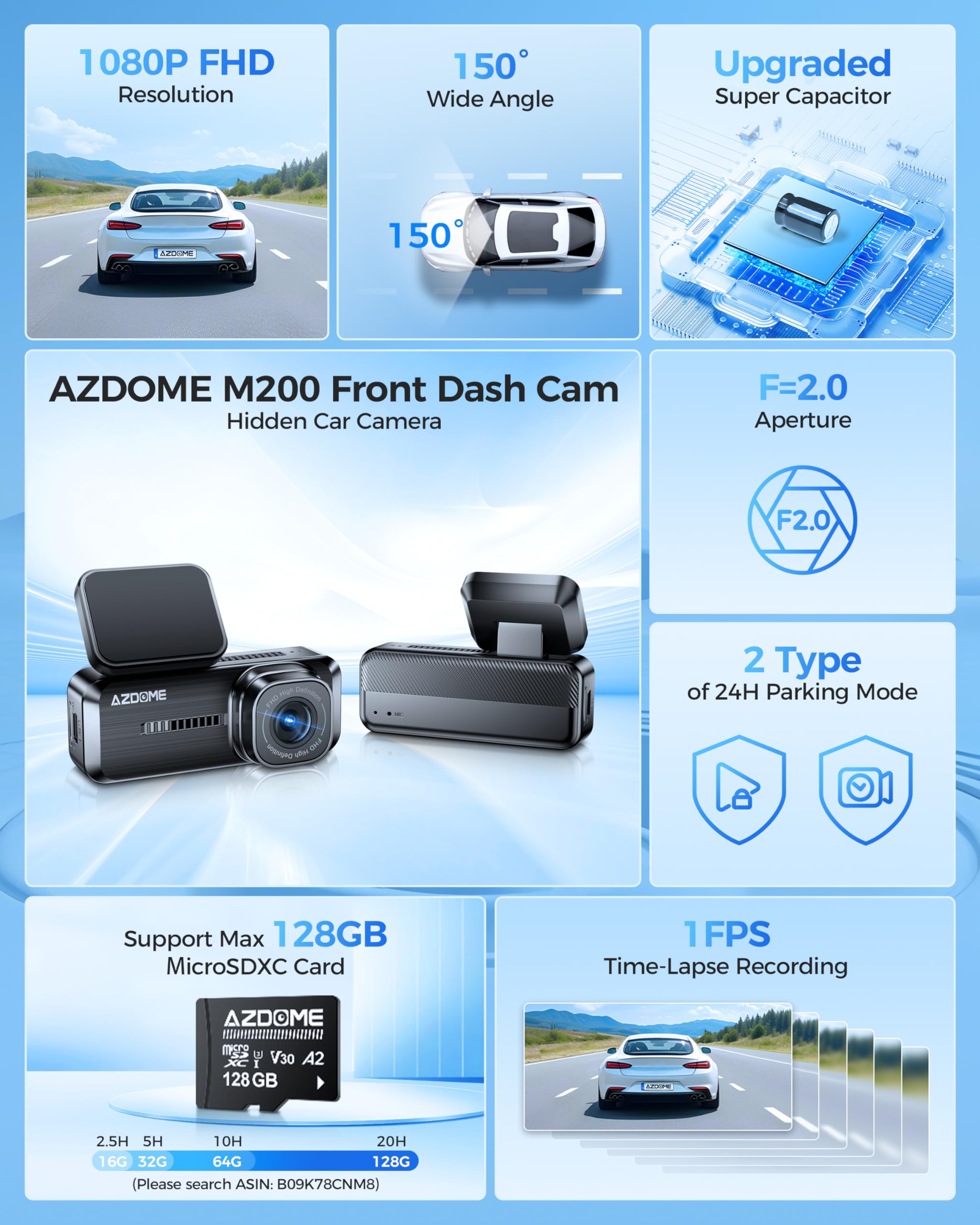 AZDOME WiFi 1080P FHD Dash Camera for Cars, 150° Wide Angle Dash Cam Front, 24H Parking Mode Car Camera with APP G-Sensor Loop Recording Night Vision, Support 128GB Max, Easy to Install, Black