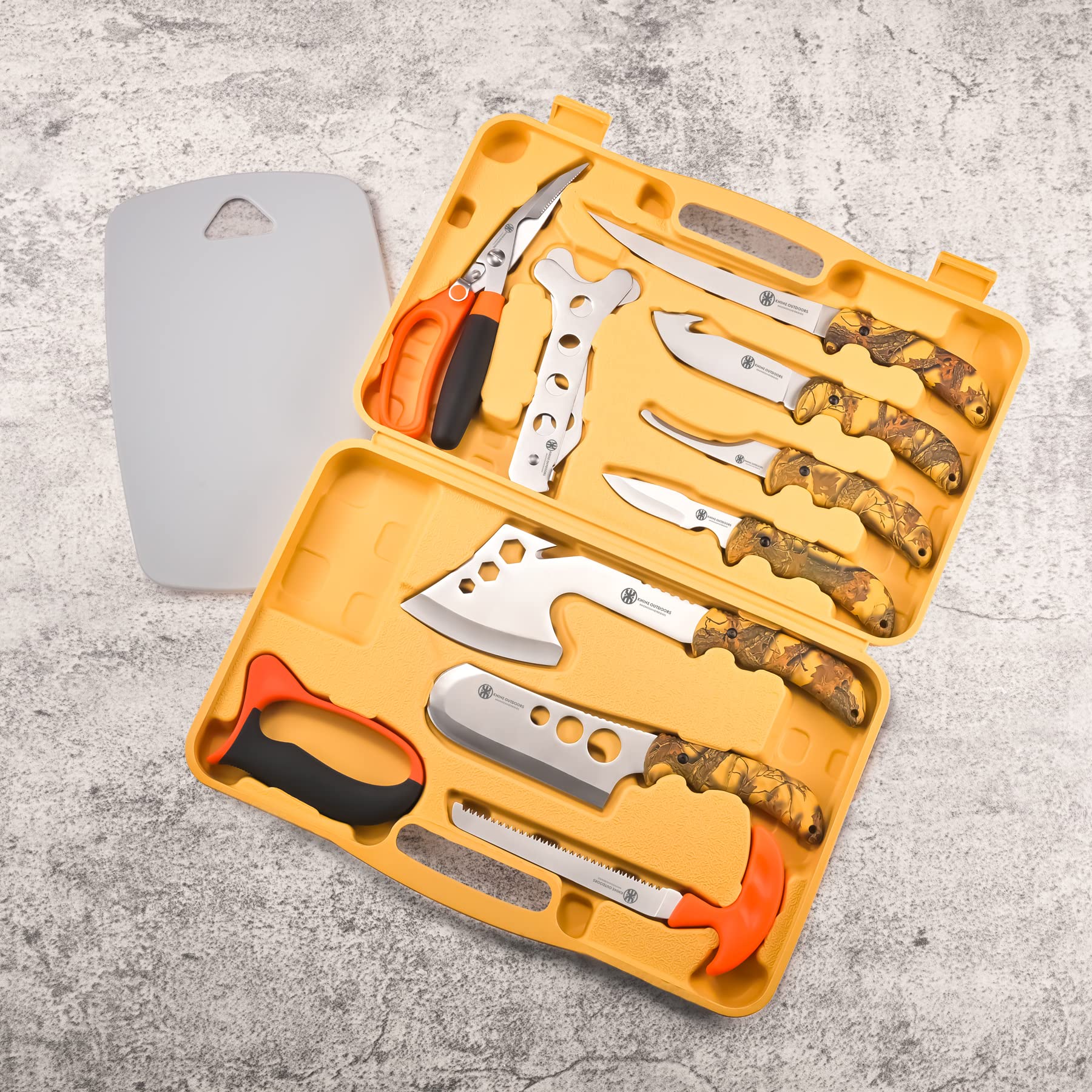 KNINE OUTDOORS Hunting Deer Knife Set Yellow Handle Field Dressing Kit Portable Butcher Game Processor Set, 12 Pieces