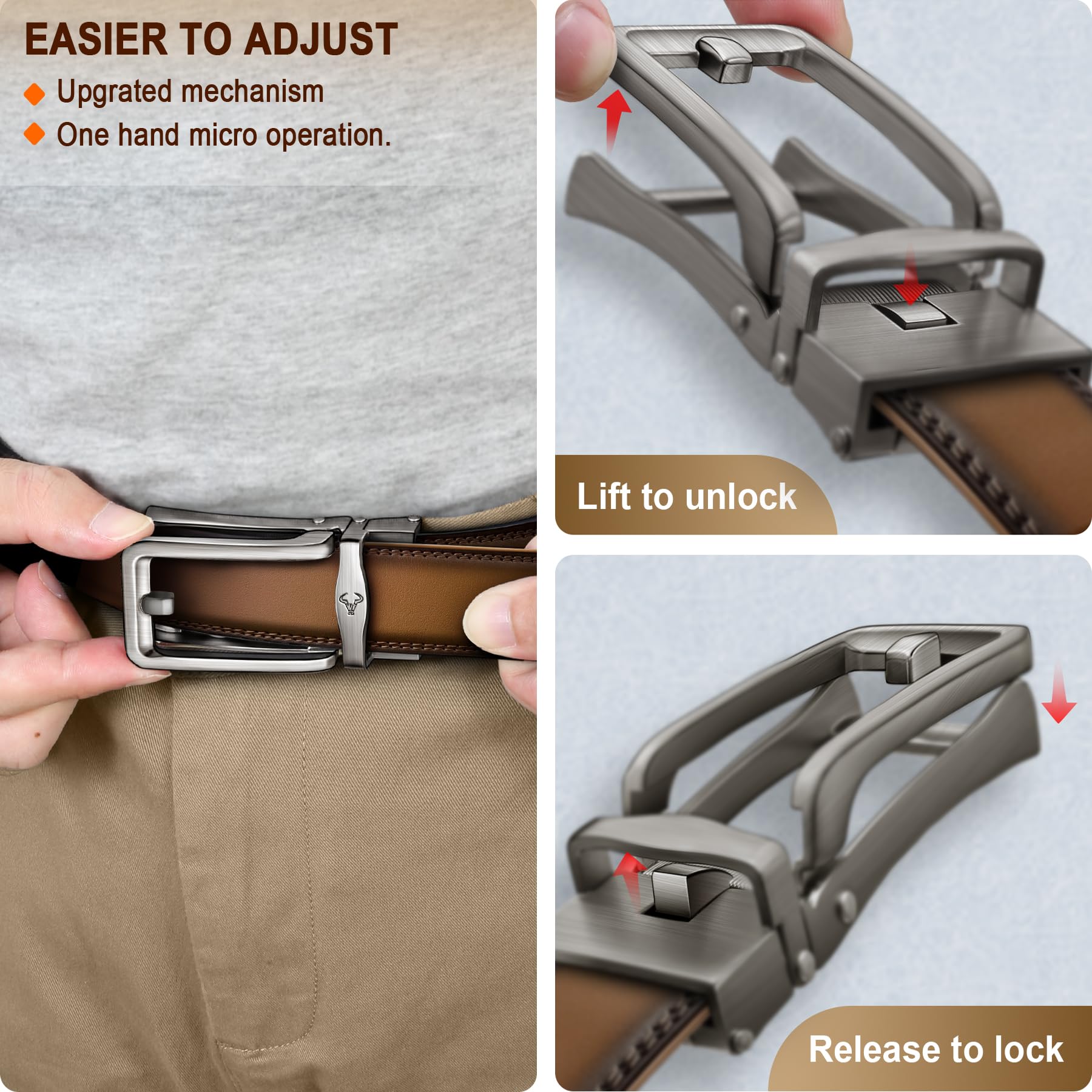 BULLIANT Ratchet Belts Men-Click Leather Belt Adjustable for Men Dress Casual Golf Jeans 1 3/8"-Cut for Fit(Black/Light Brown,32"-38" Waist Adjustable)