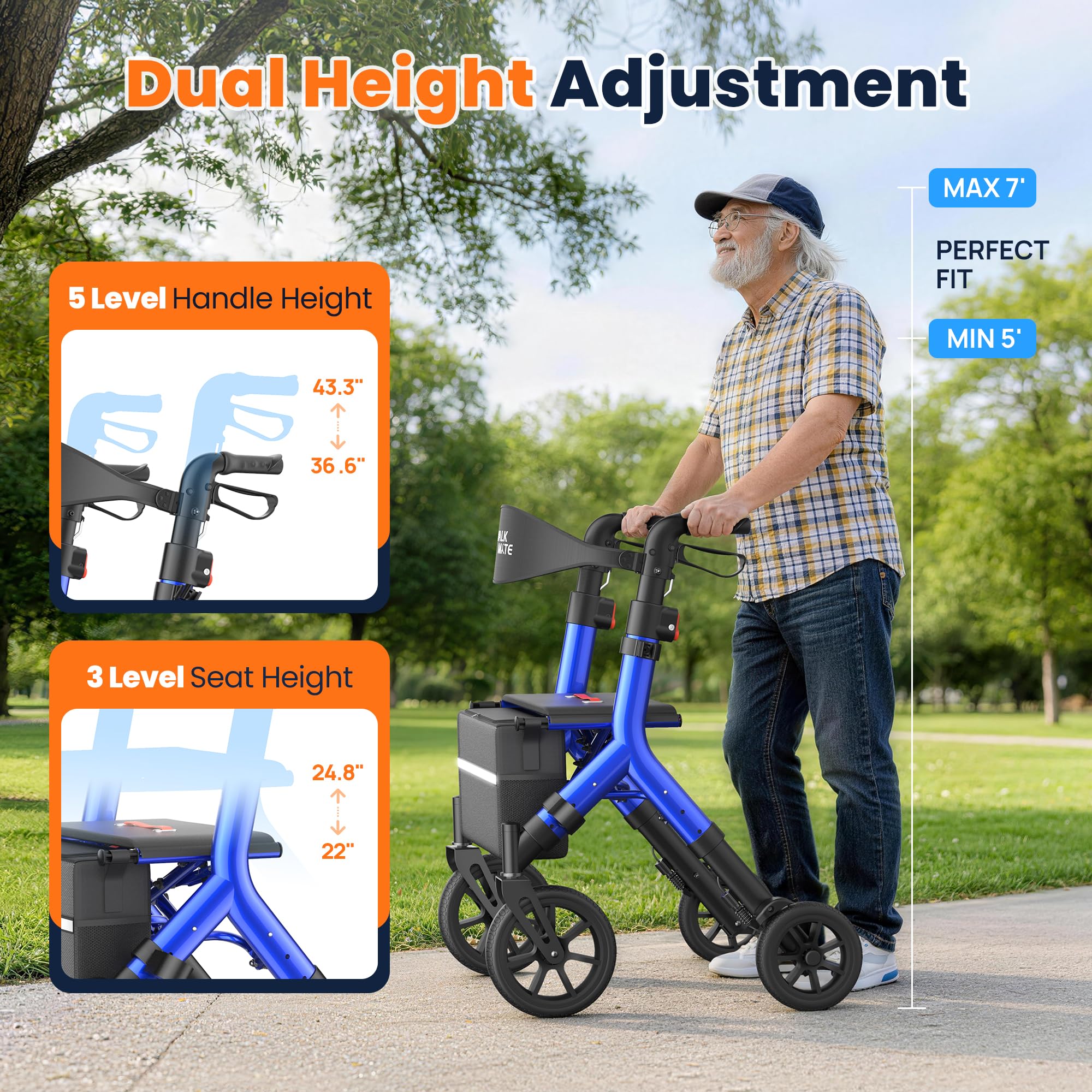 WALK MATE Rollator Walker for Seniors 5.3~7ft Tall, Height-Adjustable Seat, Built-in Cable, 10 Inch Wheels, 16.5 lb Lightweight & Compact Folding Design, 300 lb Capacity, Blue