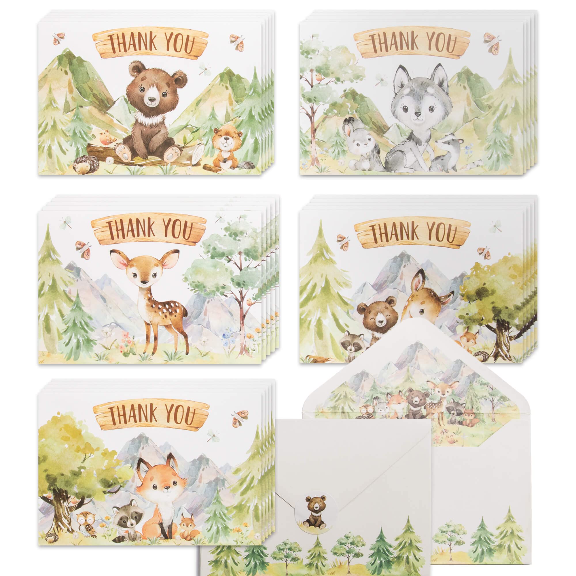 VNS Creations 50 Woodland Animal Thank You Cards, Bulk Forest & Mountain Creatures Thank You Notes w/Matching Lined Envelopes & Stickers, 4 x 6 in.