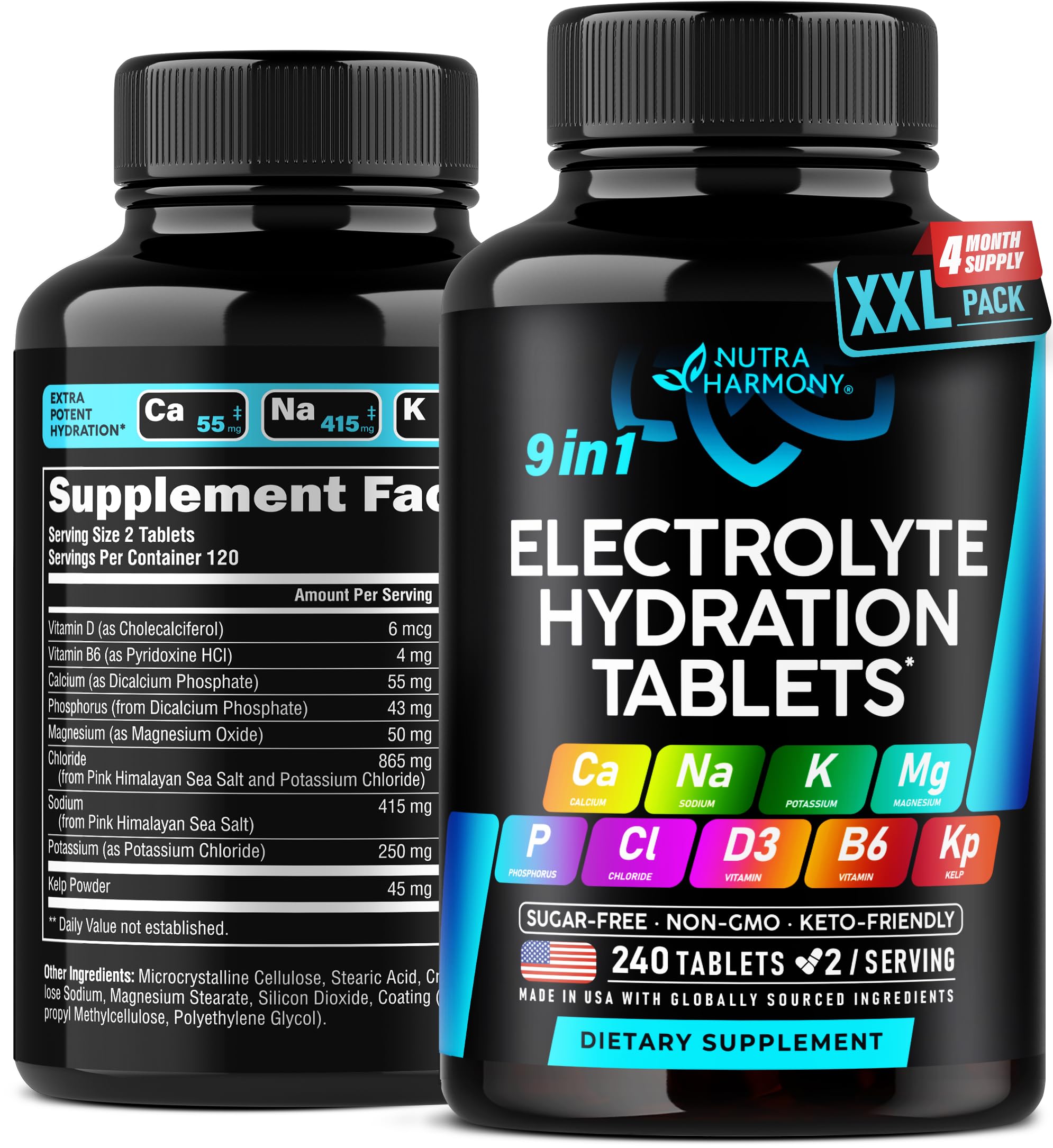 Electrolytes - Electrolyte Tablets with Magnesium, Sodium, Potassium, Chloride, Vitamins D3 & B6, Kelp Powder - Salt Pills - Made in USA - Oral Tablets as Capsules - Vegan & Keto Friendly - 240 Tabs