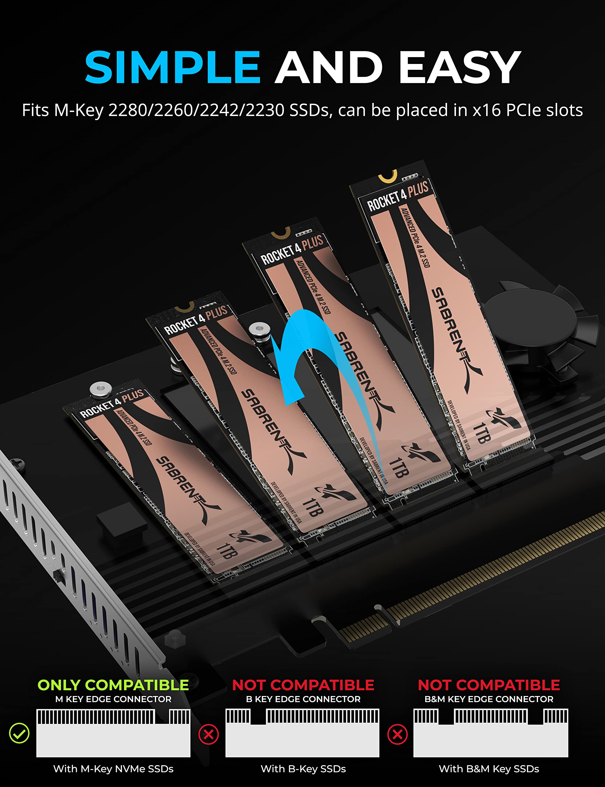 SABRENT 4-Drive NVMe SSD to PCIe 4.0 X 16 Adapter Card with Active Cooling [EC-P4BF]
