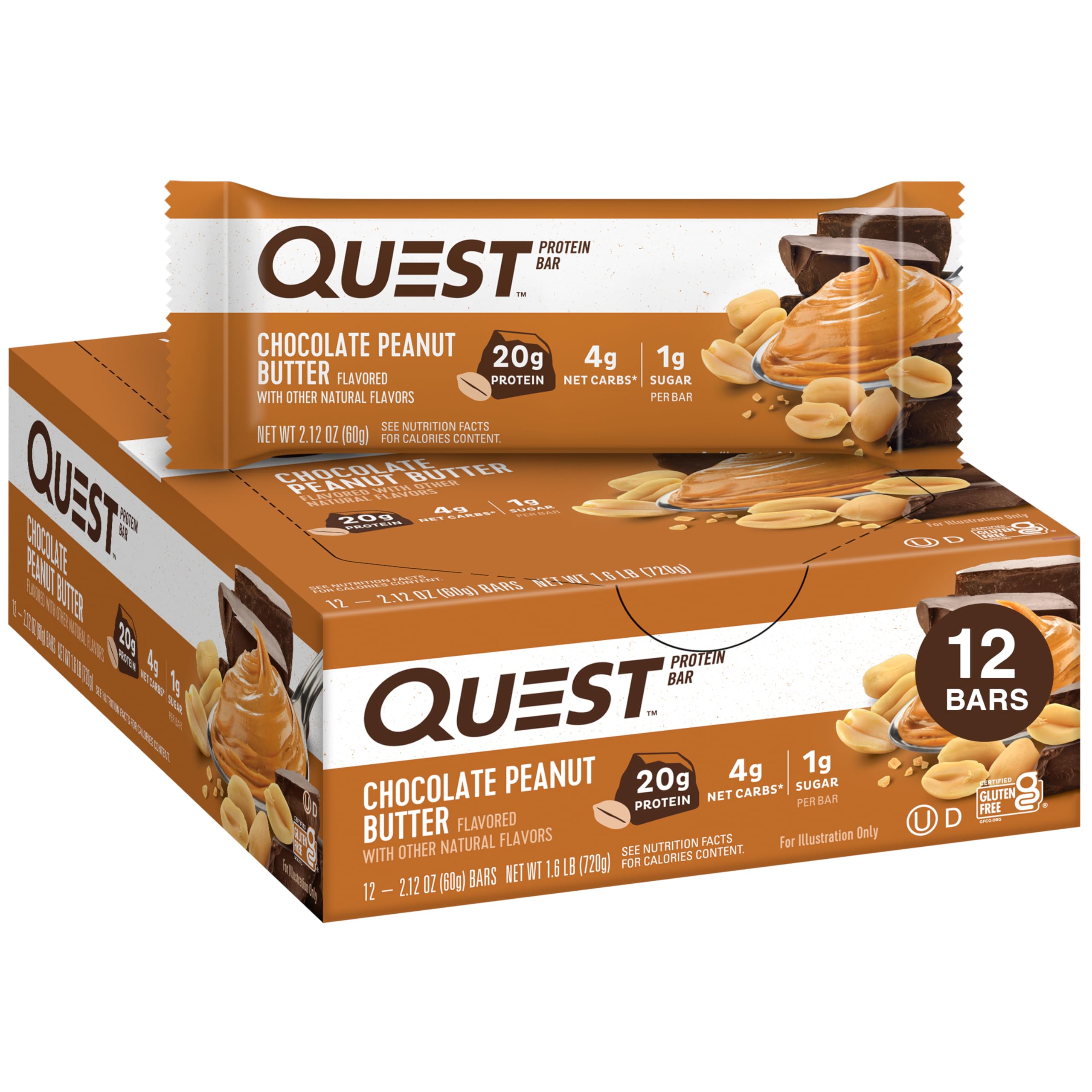 Quest Nutrition Chocolate Peanut Butter Bars, 20g Protein, 1g Sugar, 5g Net Carb, Gluten Free, Keto Friendly, 12 Count