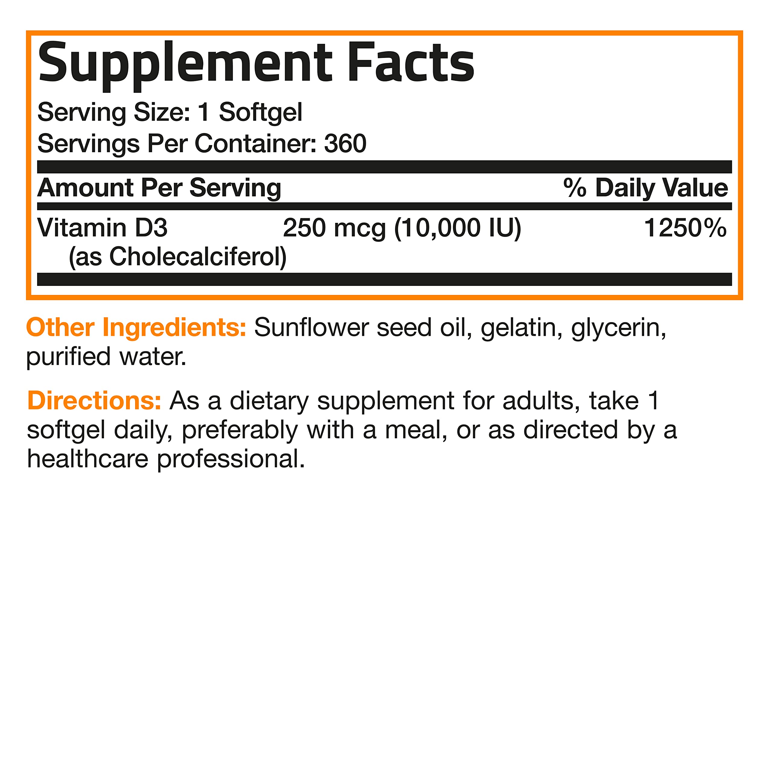 Bronson Vitamin D3 10,000 IU (250 mcg) High Potency - Supports Healthy Immune System, Strong Bones, Muscles & Teeth - Non GMO, 360 Softgels (1 Year Supply)