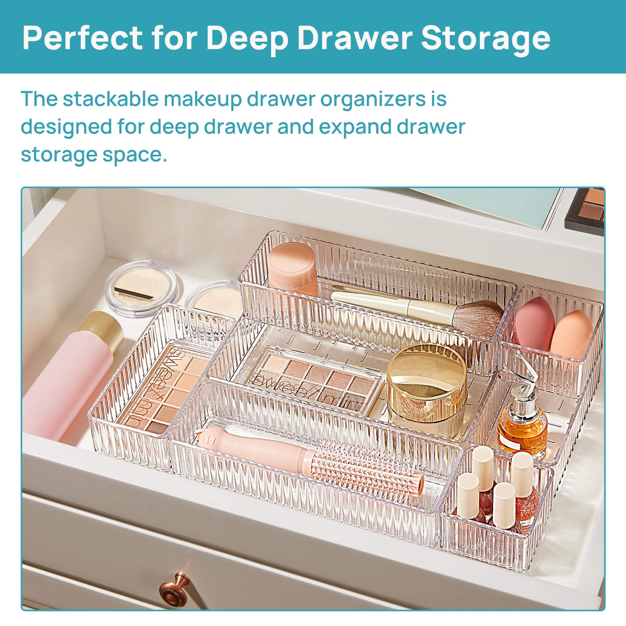 Vtopmart 7 PCS Clear Drawer Organizers Bins, 4-Size Stackable Makeup and Vanity Drawer Organizer Trays, Acrylic Bathroom Drawer Storage Containers for Cosmetic, Office Supply, Kitchen Utensils Gadgets