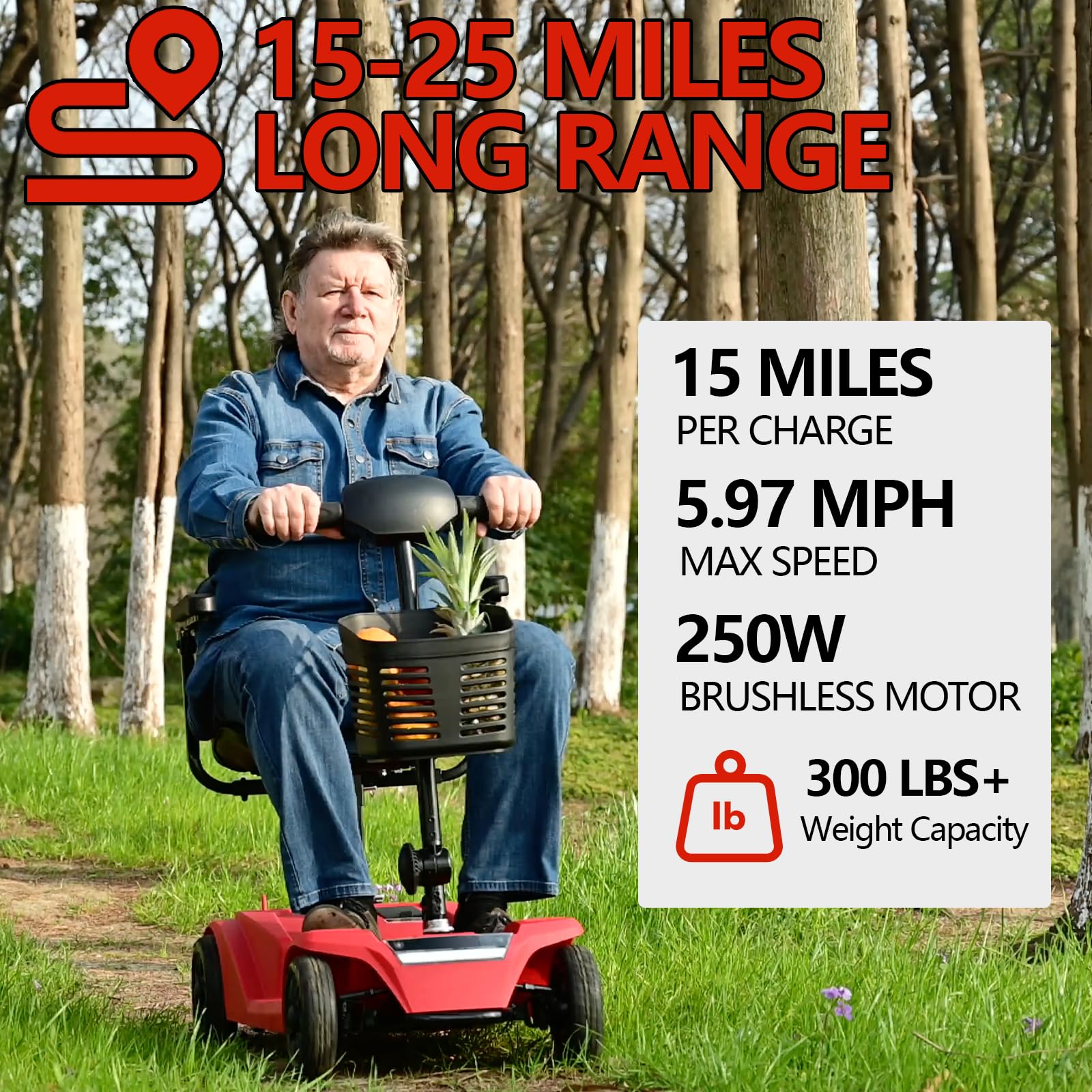 WayCare 15-25 Miles Long Range Mobility Scooter,Weight Capacity 300 LBS+ Powered Mobility Scooters for Seniors, Compact Duty Mobile for Travel with LED Headlight and Detachable Basket(Red)