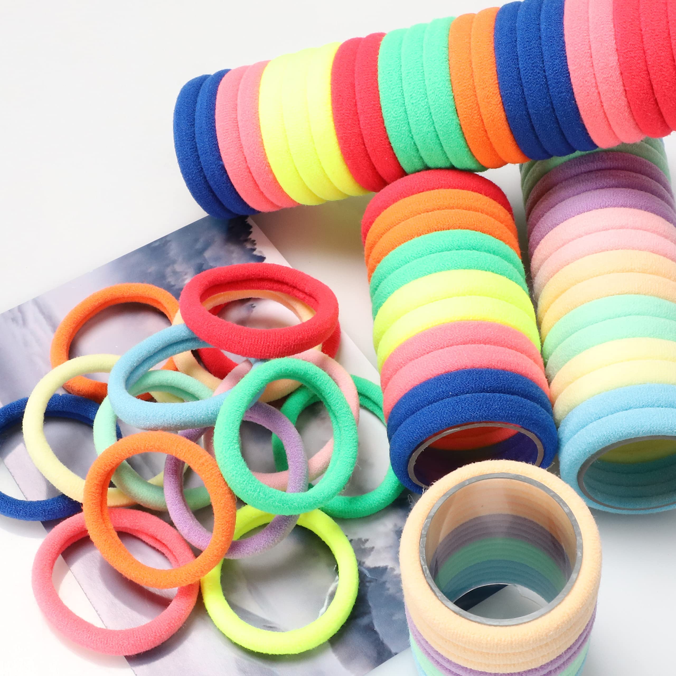 Antye 100Pcs Hair Ties Any Fit No Damage Hair Cutton Seamless Hair Elastic Pony Tail Holders For Thick or Thin Hair No Snag, Dent, or Breakage Baseball & Tennis Suitable Hair Bands (Rainbow Color)