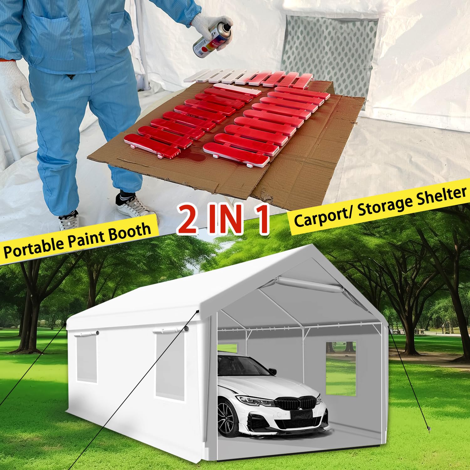 Rainproof Portable Paint Booth 26X14X10.5FT Spray Booth with 6pcs Mesh Windows & Floor for Cars, Auto Parts, Furniture and Other Big Items Painting (White)