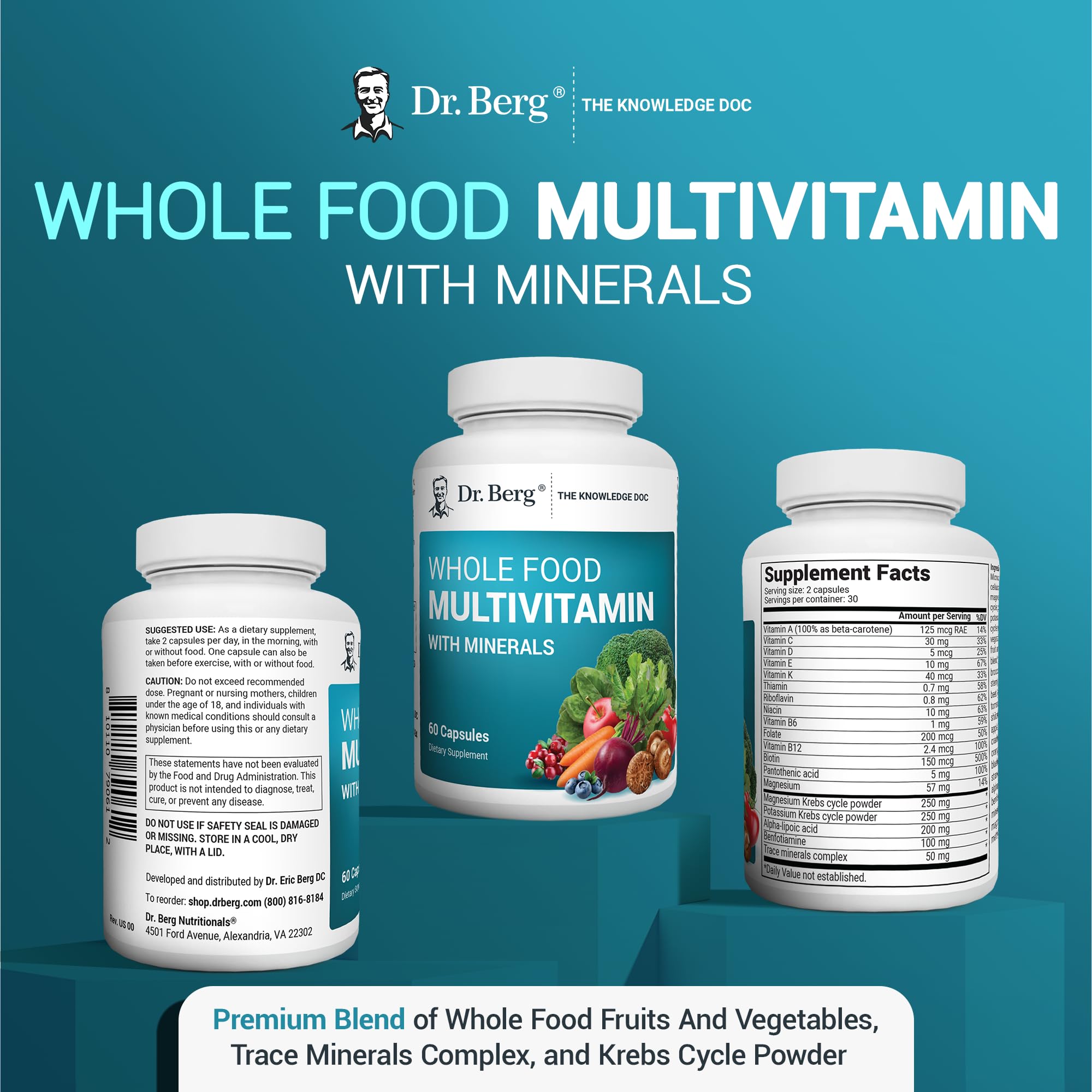 Dr. Berg Whole Food Multivitamin with Minerals - Daily Multivitamin for Men and Women - Includes Premium Whole Food Fruits and Vegetable Blend with Folate, Alpha-lipoic Acid and More - 60 Capsules