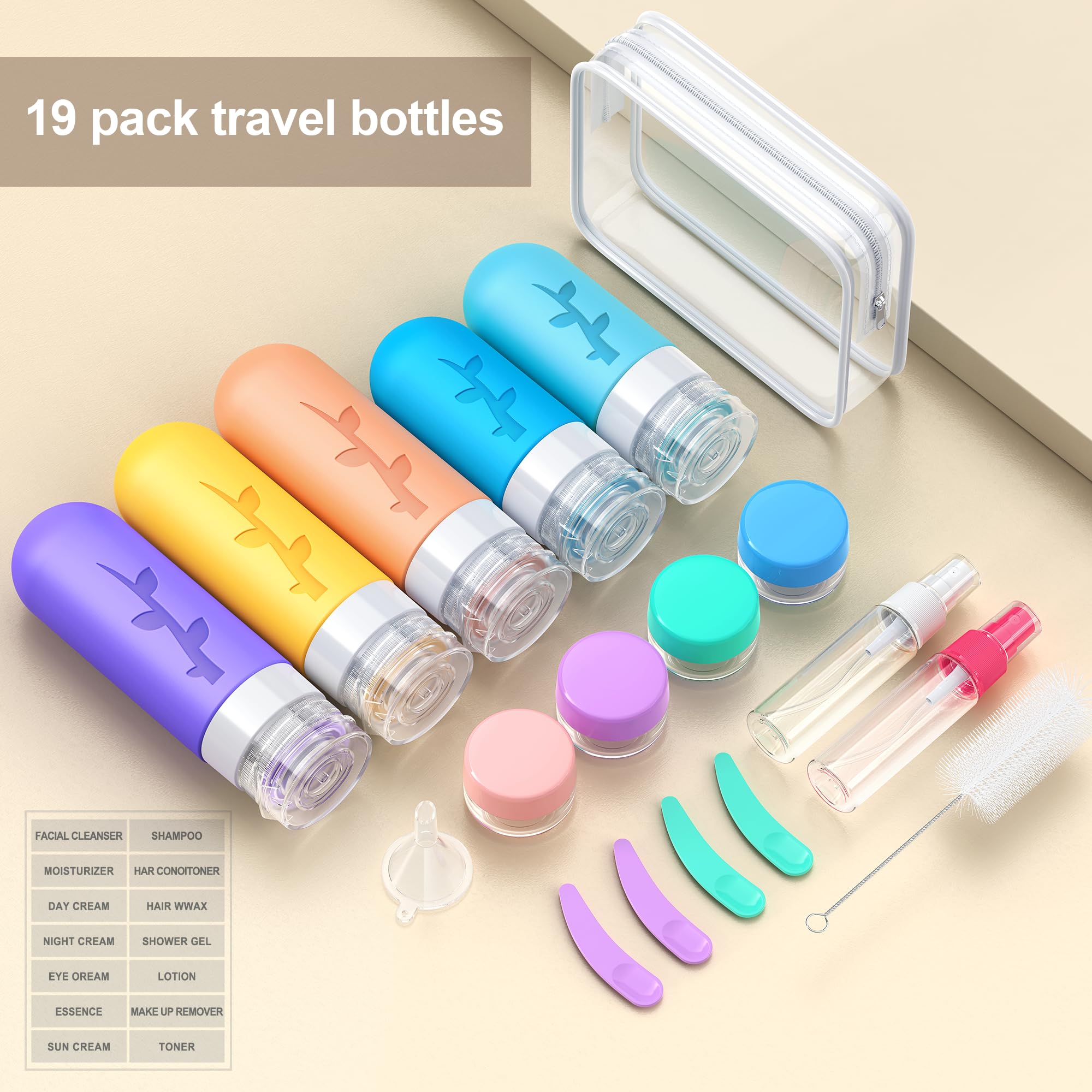 19 Pack travel Bottles for Toiletries, Silicone TSA Approved Travel Size Containers for toiletries Leak Proof Refillable Travel Essentials for Shampoo Conditioner Lotion toiletry bottles