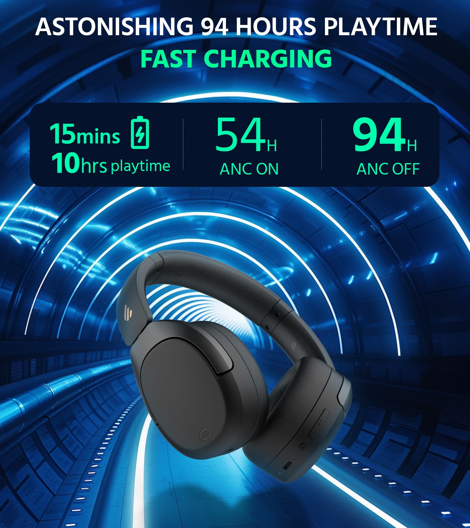 Edifier W830NB Wireless Over Ear Headphones with -45dB Active Noise Cancelling, 94H Playtime, LDAC Hi-Res Sound, Spatial Audio, Fast Charging, Multipoint Connection, Bluetooth V5.4 - Black