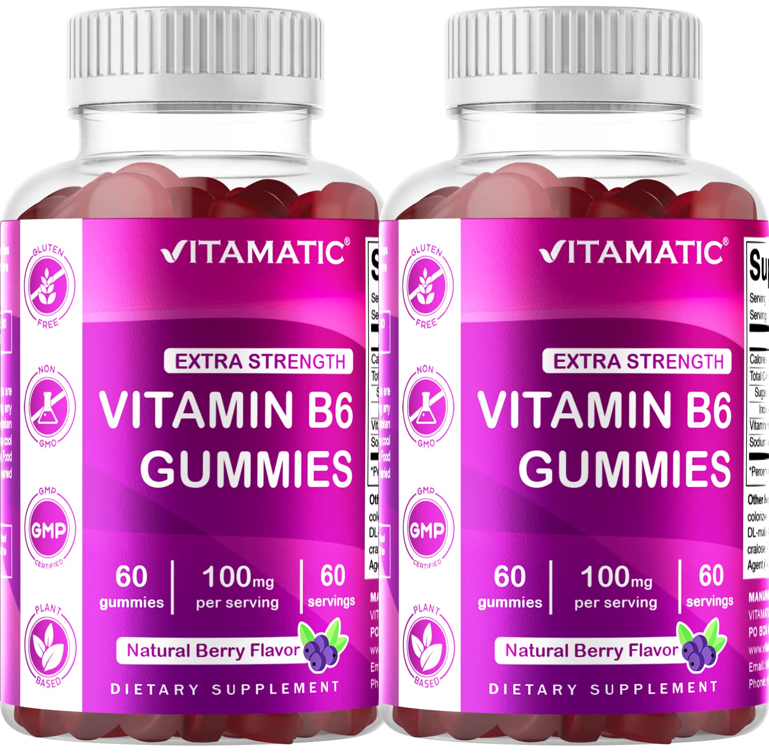 Vitamatic 2 Packs Vitamin B6 100mg - Berry Flavor - 60 Pectin Based Gummies - Supports Nervous System