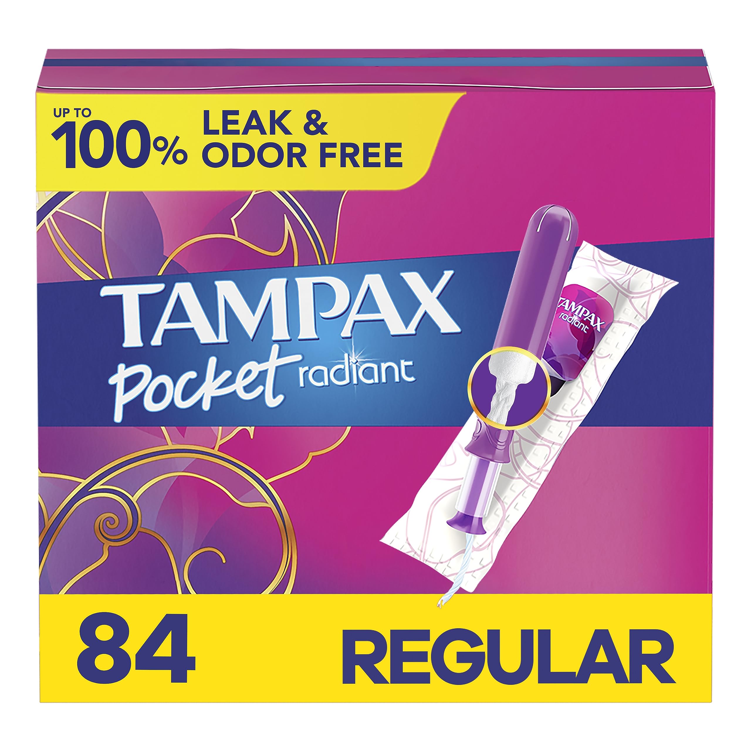 Tampax Pocket Radiant Compact Plastic Tampons, with LeakGuard Braid, Regular Absorbency, Unscented, Pack of 3 (28 count each pack)