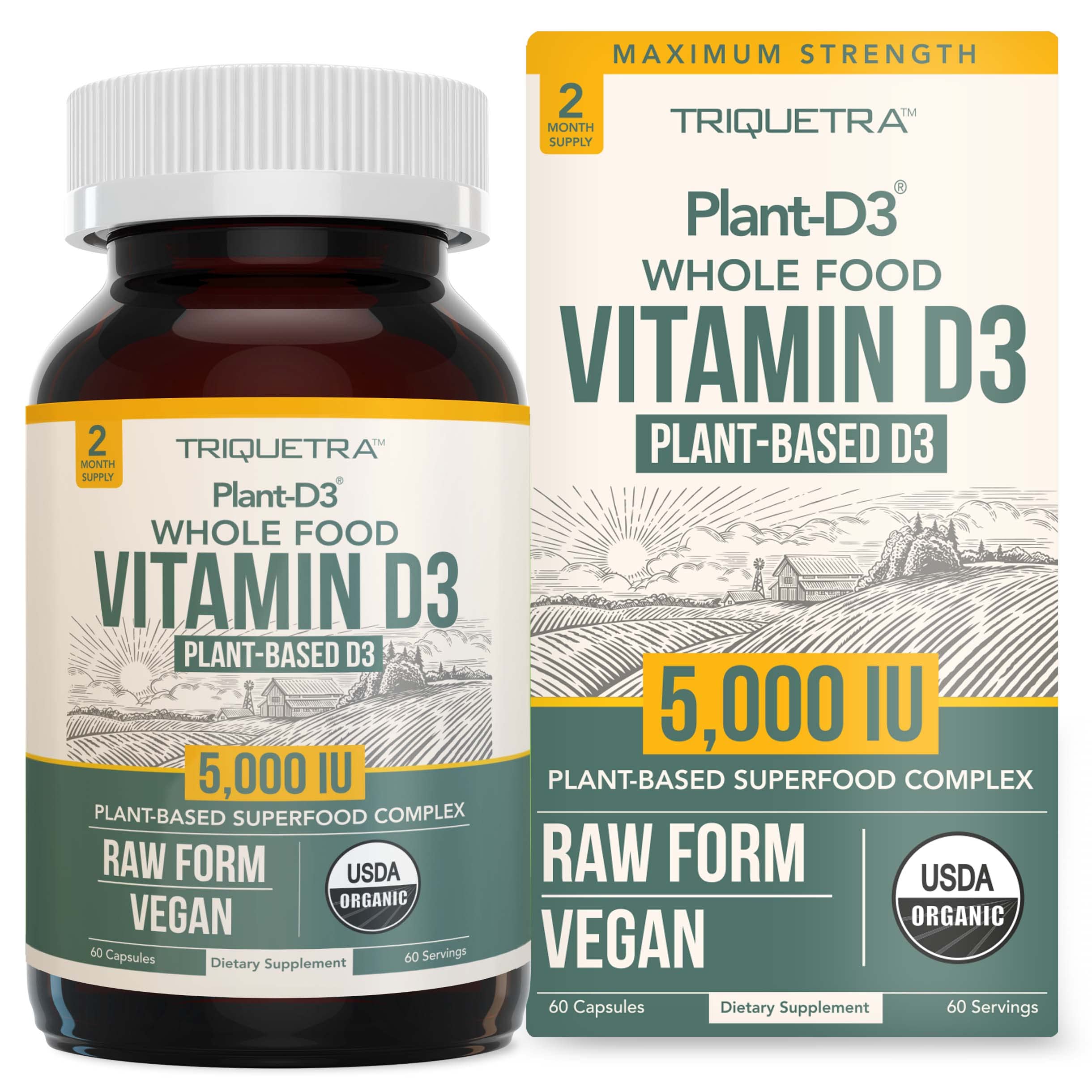 Organic Vitamin D3 5,000 IU - 100% Whole Food & Plant-Based Cholecalciferol Form, 100% Vegan Vitamin D - Enhanced with Prebiotic & Superfood Complex – Organic, Vegan, GMO & Gluten Free (60 Capsules)