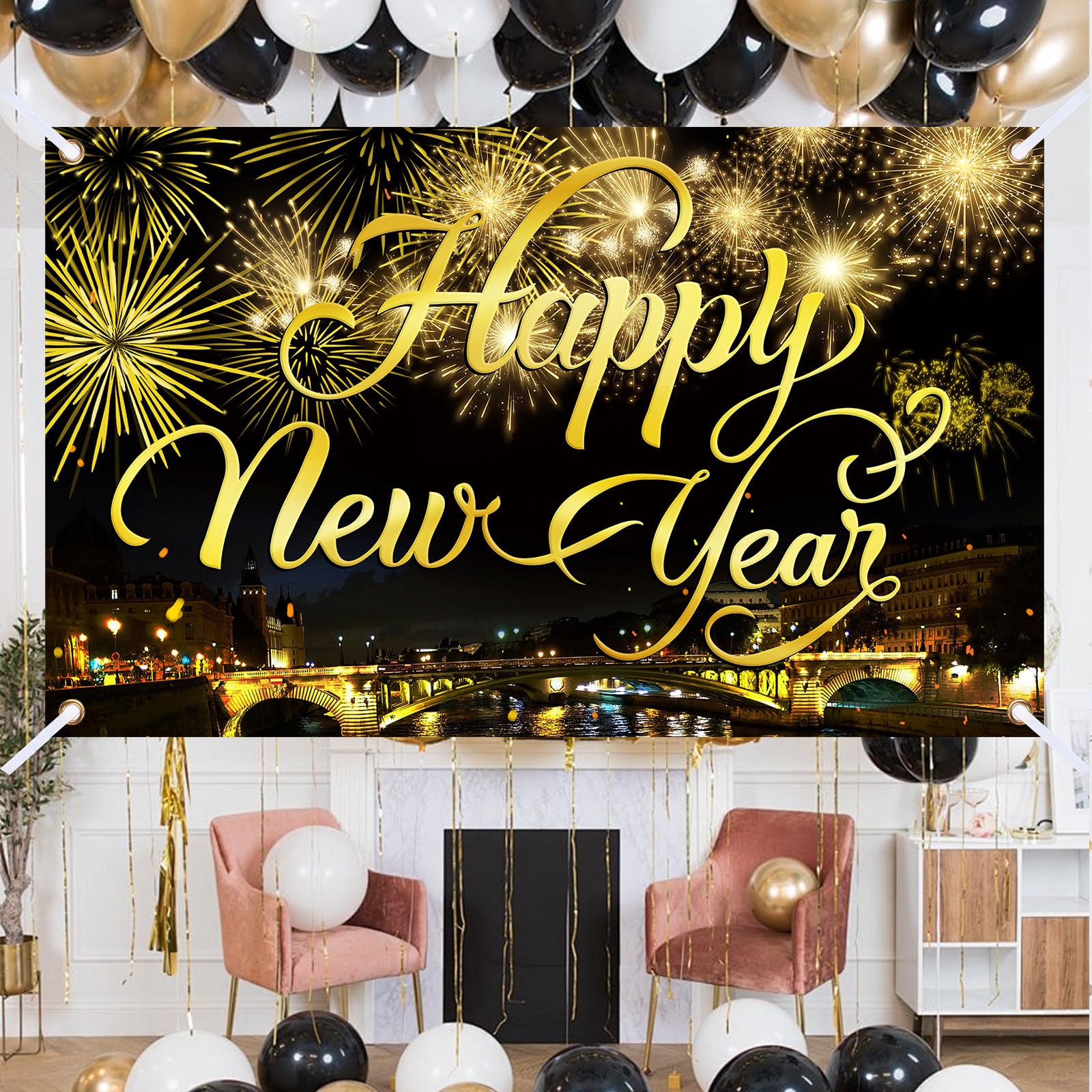 Happy New Year Party Backdrop Fabric Sign Poster Banner with Pattern Firework for New Year Party Decoration Photo Props Background Supplies