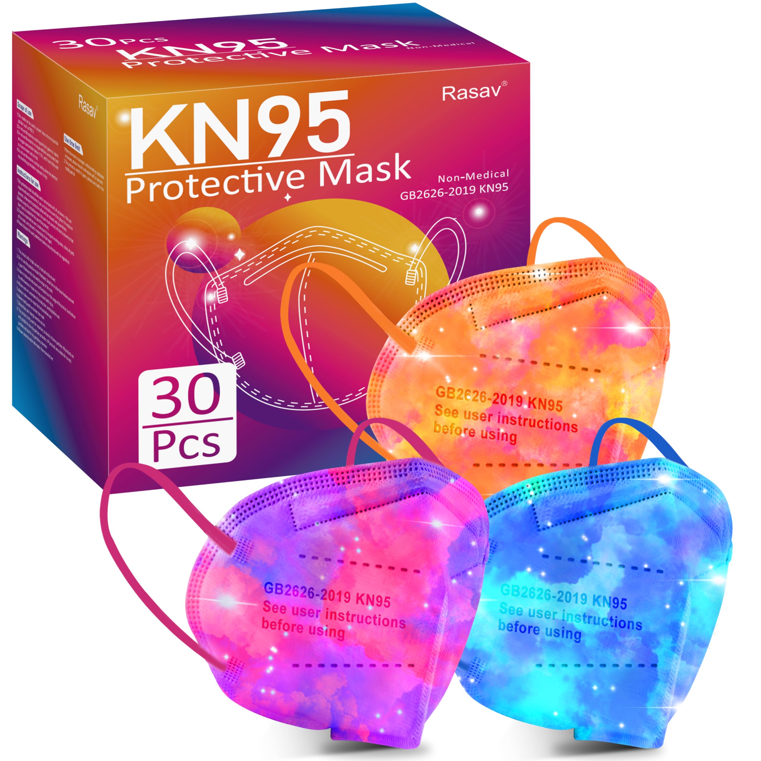 Rasav KN95 Face Masks, 30 Pack Comfortable 5 Layer Cup Dust Safety Mask, Muti-colored Design KN95 Mask with Elastic Ear Loops for Women, Men
