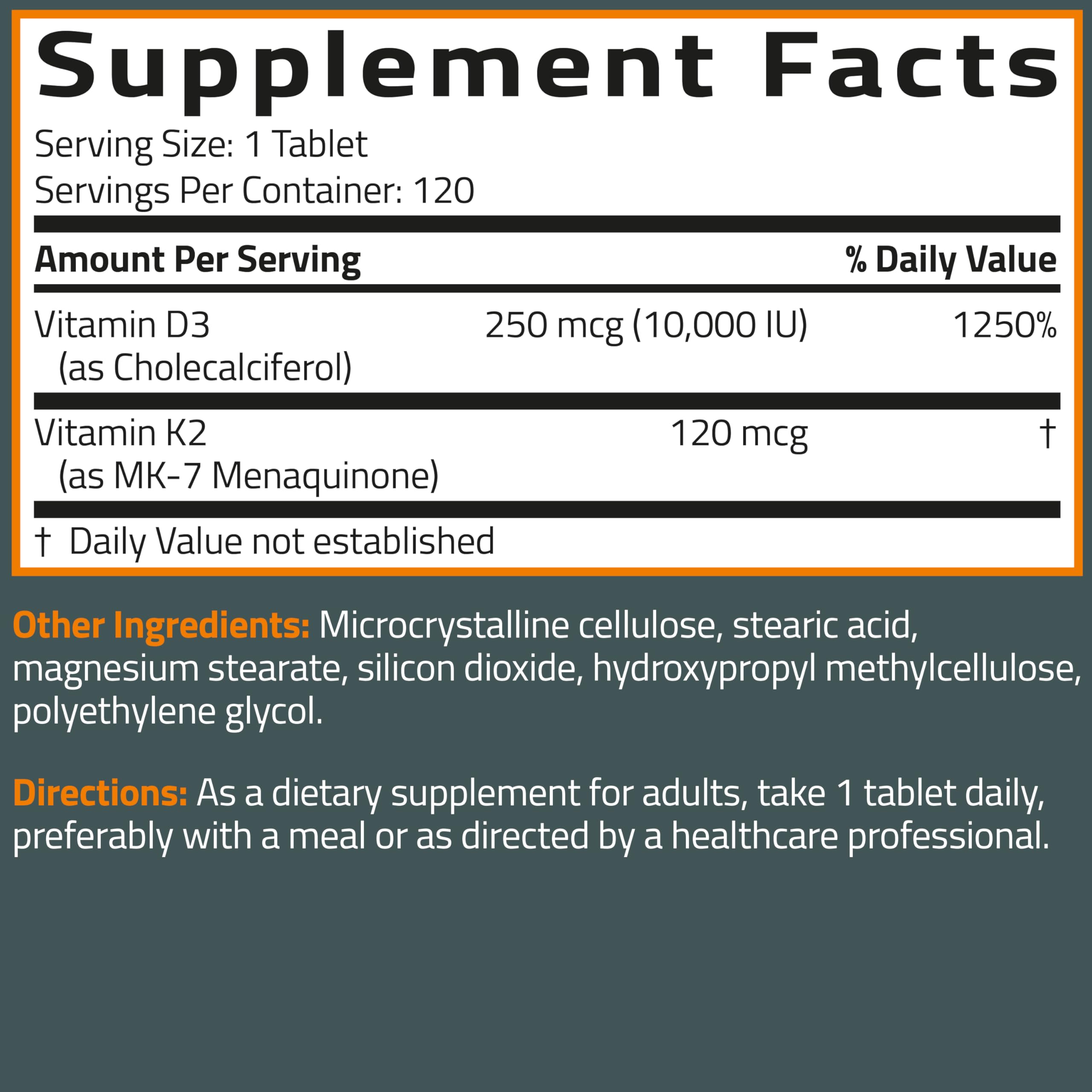 Bronson Vitamin K2 (MK7) with D3 Supplement Extra Strength 2 in 1 Support, 10,000 IU Vitamin D3 & 120 mcg K2 MK-7, 120 Tablets