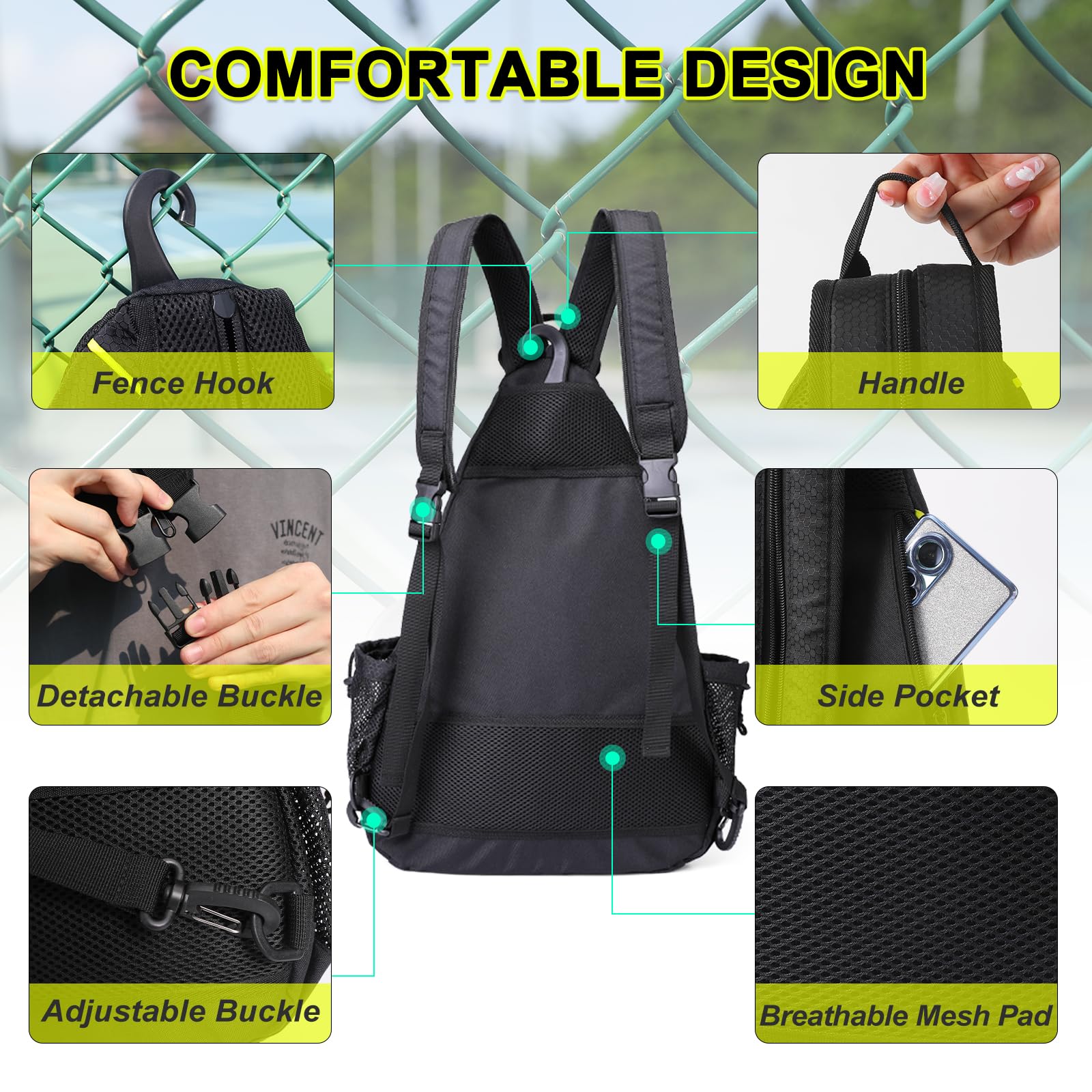 QUIKGO Pickleball Bag for Women & Men, Adjustable Reversible Sling Bags with Fence Hook, Protable Pickle Ball Paddle Backpack, Pickleball Accessories