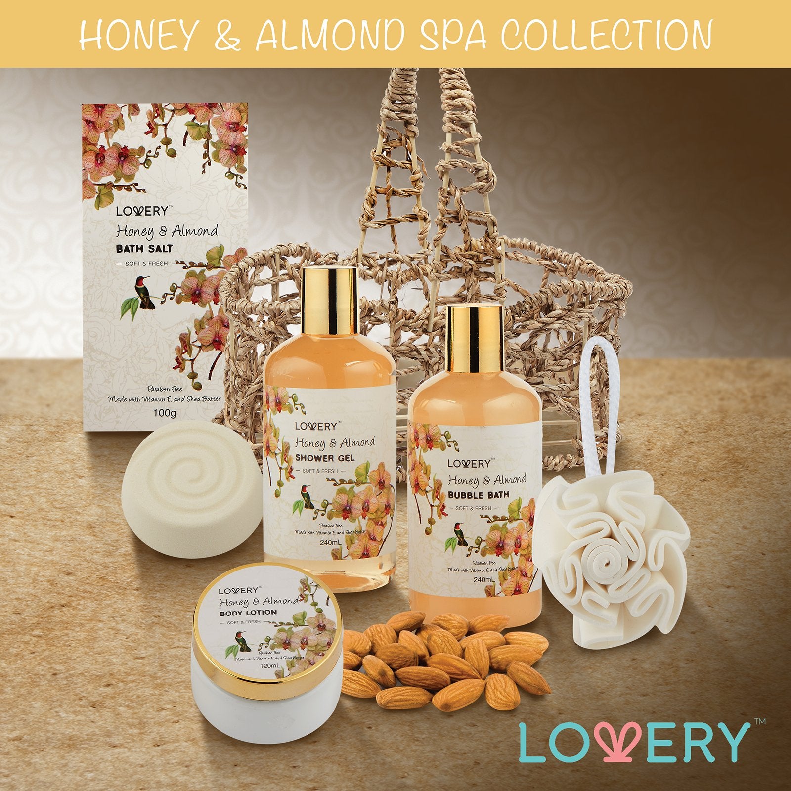 Womens Gifts for Christmas Gift Baskets for Women Who Have Everything, Home Spa Honey & Almond Scent - Luxury Bath & Body Set With Shower Gel, Bubble Bath, Body Lotion, Bath Salt, Bath Bomb, Bath Puff