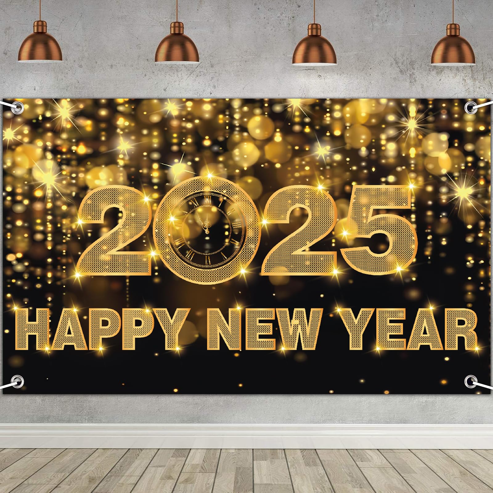 Happy New Year Decorations 2025, 70.8 * 45IN Happy New Year Banner 2025 Happy New Year Backdrop for Black and Gold New Years Eve Party Supplies 2025