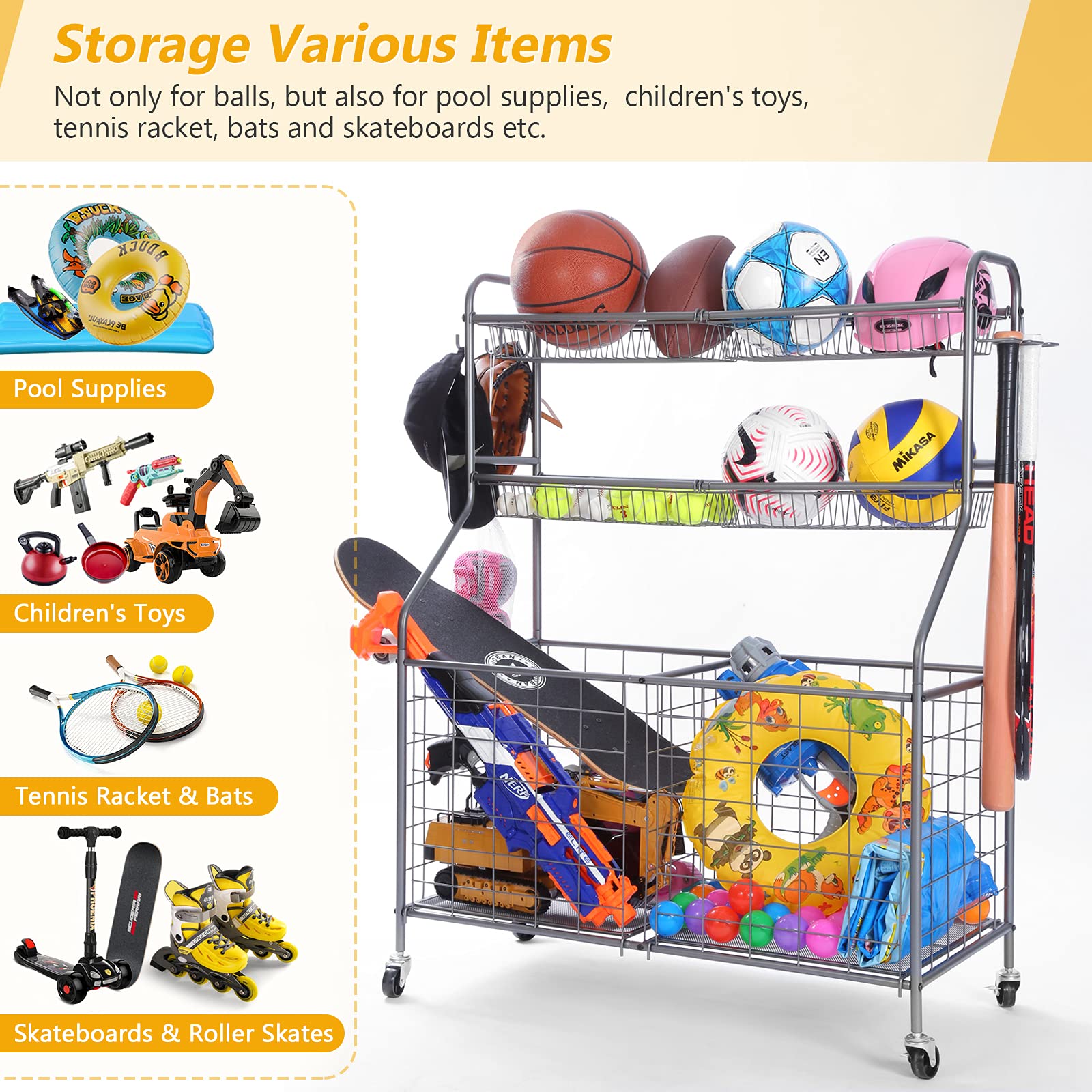 Kinghouse Garage Sports Equipment Organizer, Ball Storage Rack, Toy Storage, Nerf Gun Organization on Wheels for School, Garage, Black, Steel (Grey)