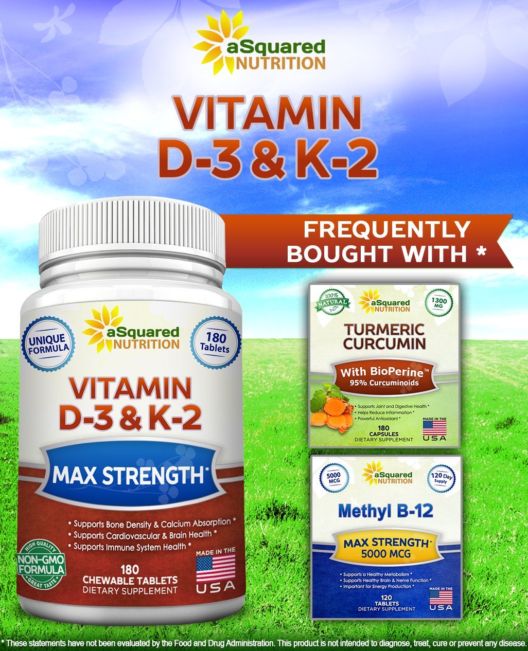 aSquared Nutrition Vitamin D3 with K2 Supplement-180 Chewable Tablets, Max Strength D-3 Cholecalciferol & K-2 MK7 to Support Healthy Bones, Teeth, Heart -Antioxidant D3 & K2 MK-7 Energy Formula Adults