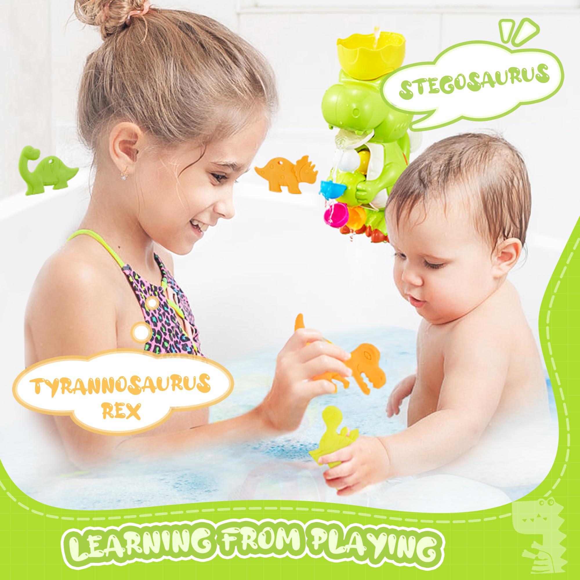 EKUEASYKU Dinosaur Bath Toys for Kids Ages 1-3 2-4 4-8 Toddler Bath Toys Whirling Waterfall Water Toys Fishing Games Bathtub Bath Time Tub Toys Girls Boys Color Movement Learning