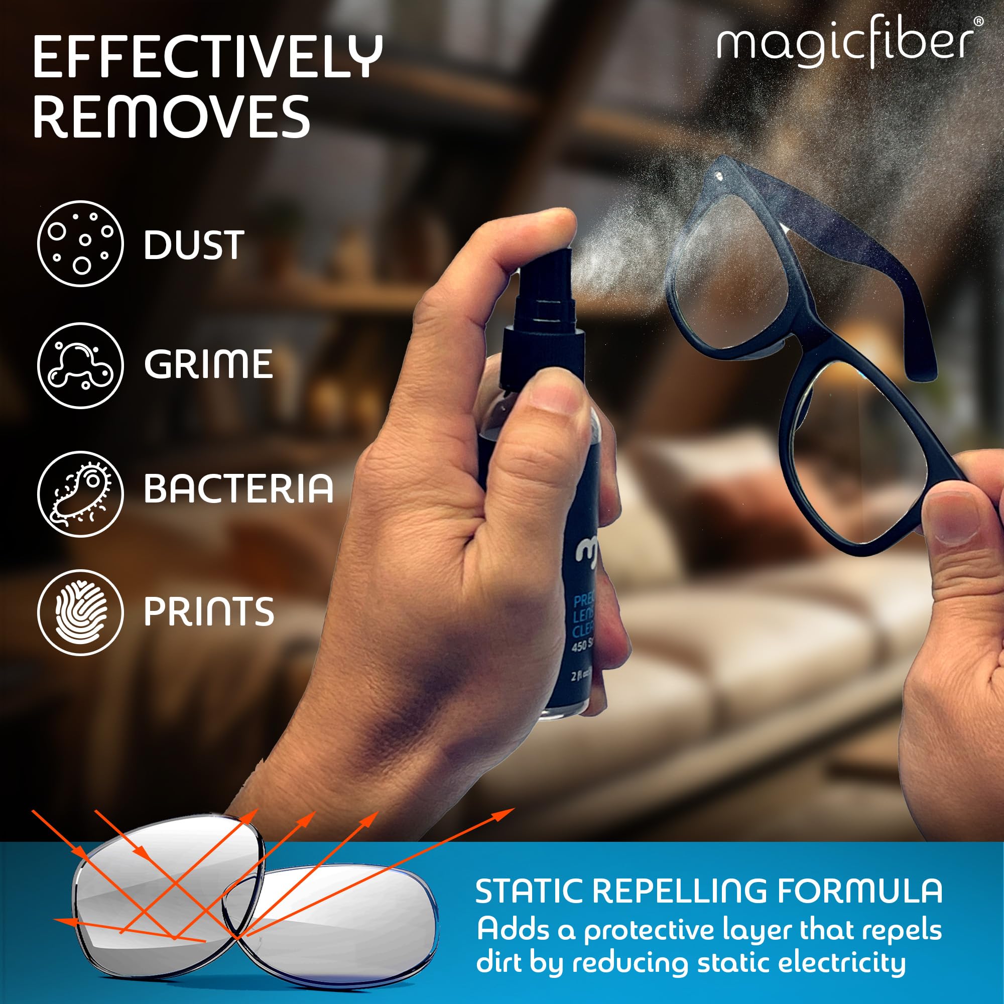 MagicFiber Glasses Cleaner Kit - 2 Eyeglass Cleaner Sprays + 2 Microfiber Cleaning Cloths - Premium Eye Glass Cleaners Spray and Glasses Wipes - Lens Cleaner Fluid, Microfiber Cleaning Cloth Set