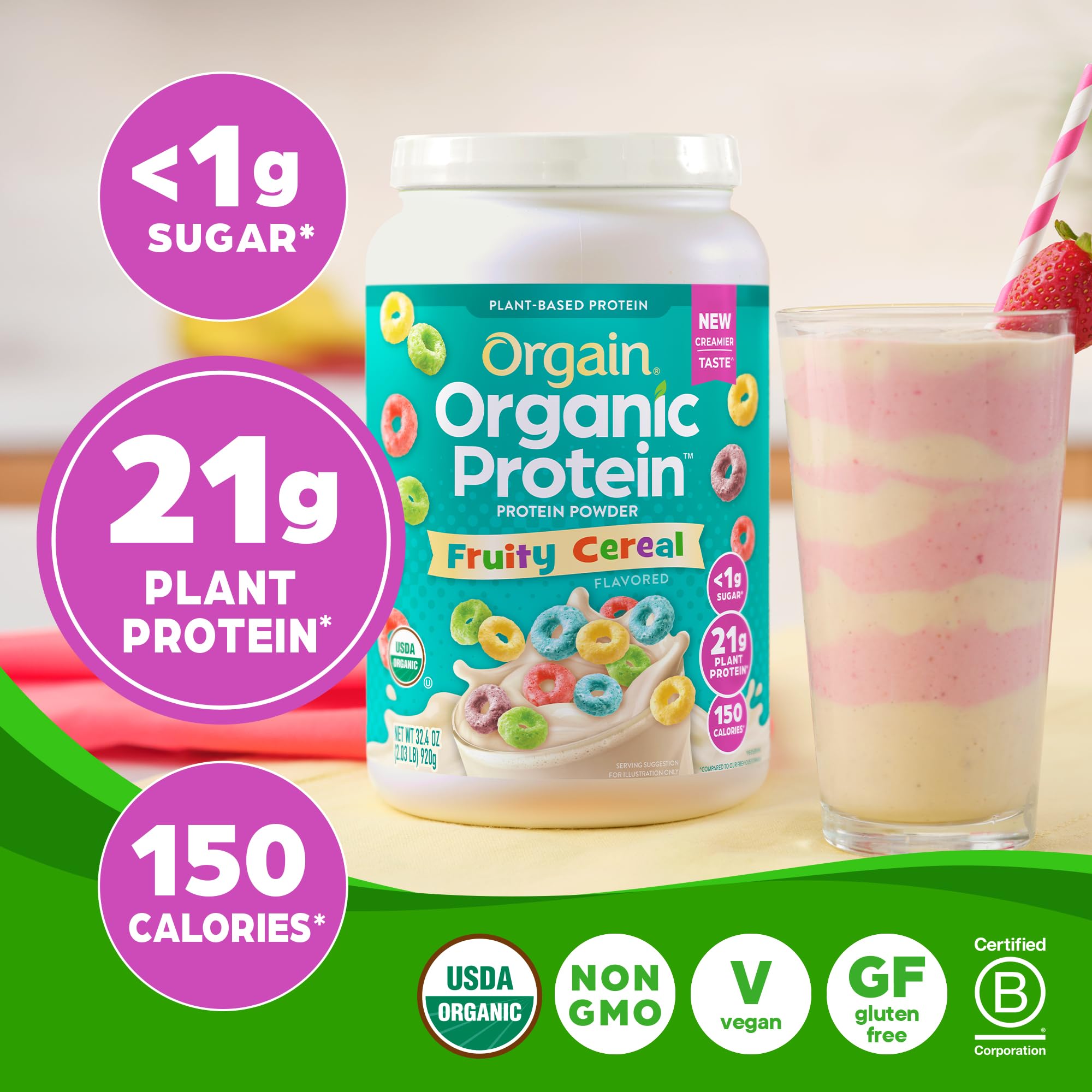 Orgain Organic Vegan Protein Powder, Fruity Cereal - 21g Plant Based Protein, 8g Prebiotic Fiber, No Lactose Ingredients, No Added Sugar, Non-GMO, For Shakes & Smoothies, 2.03 lb (Packaging May Vary)