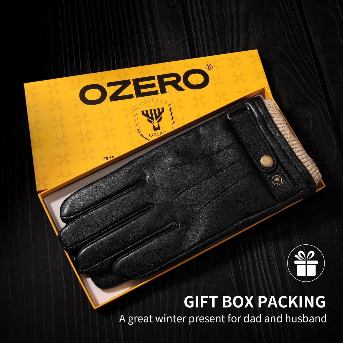 OZERO Mens Winter Gloves Genuine Nappa Leather Soft Warm Wool Lining Phone Texting Touchscreen Glove - Thermal Gifts for Husband or Dad Black Large
