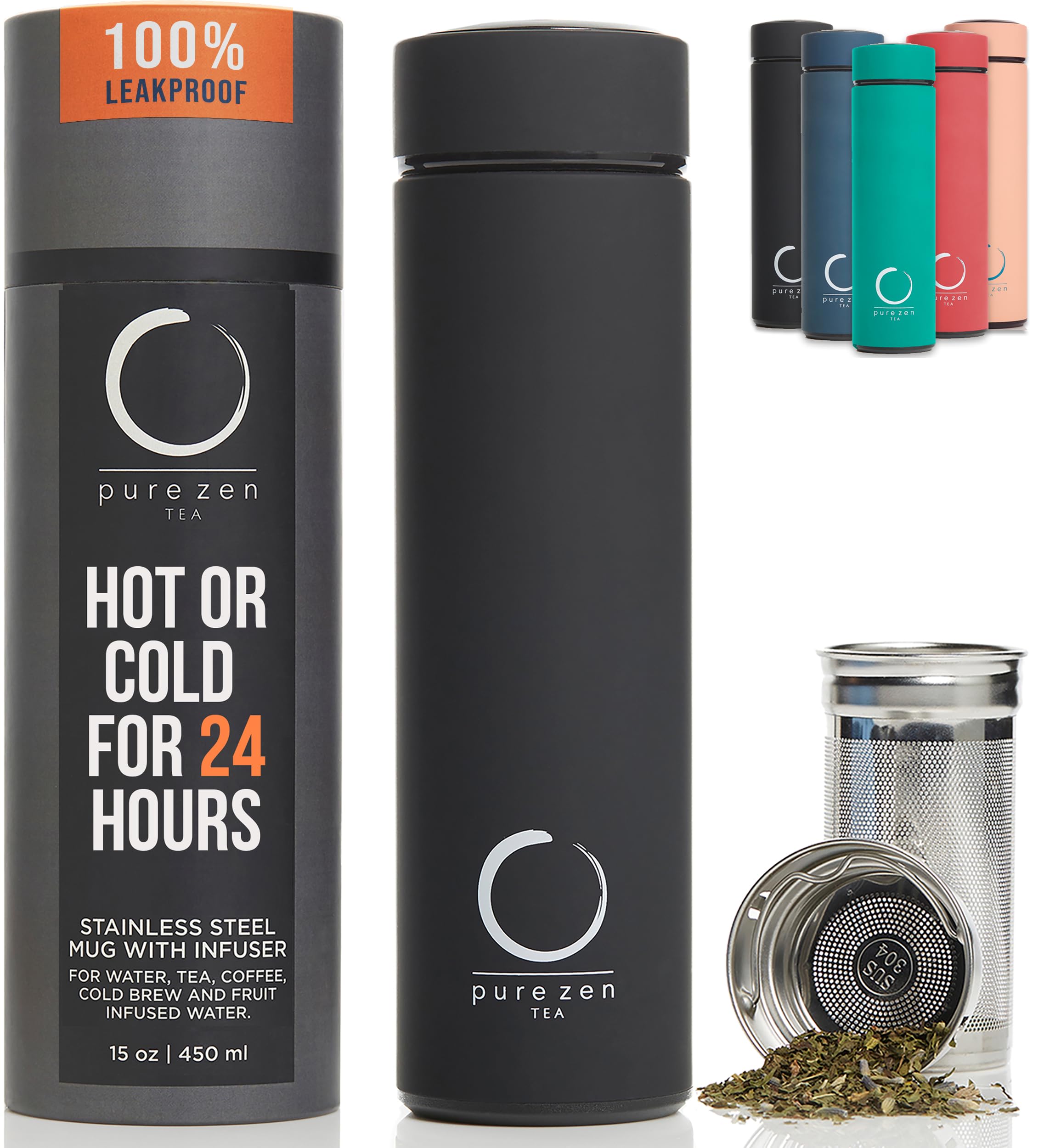 Pure Zen Tea Thermos with Infuser for Tea, Coffee and Fruit-Infused Water - Stainless Steel - Tea Infuser Bottle - Tea Tumbler with Infuser - Leakproof Tea Bottle - Travel Tea Mug - 15oz - Black