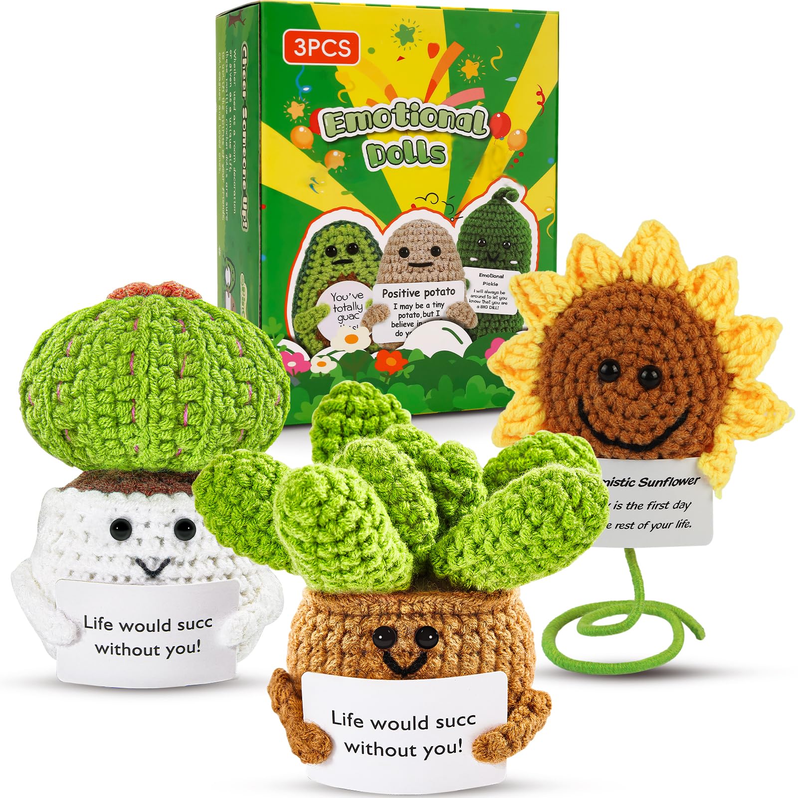 Gifts for Women Men Emotional Potato Pickle: 3Pcs Funny Crochet Dolls Christmas Stocking Stuffers Friends Coworkers Roommates College Students Sister with Cheer Up Cards (Cactus,Sunflower,Succulent)