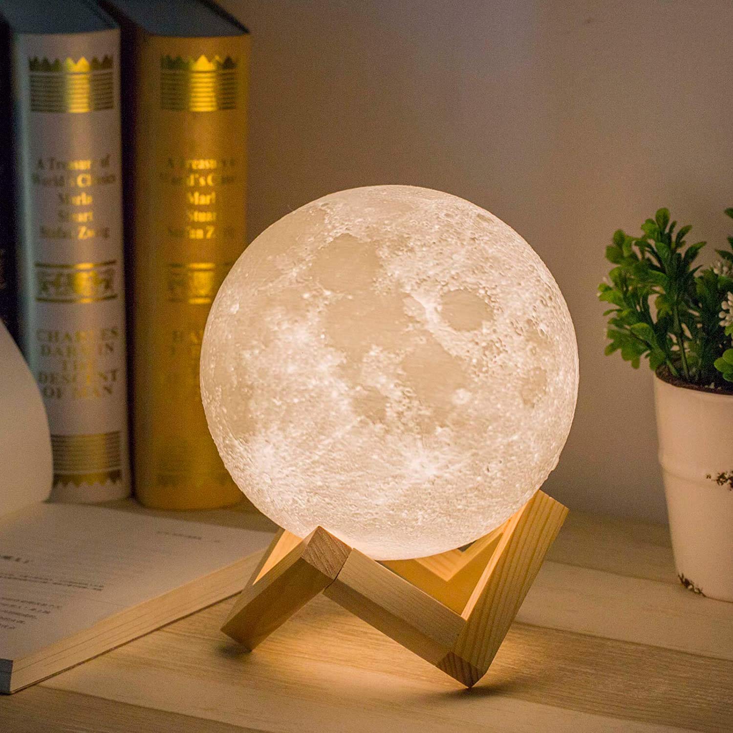 Mydethun 3D Moon Lamp with 5.9 Inch Wooden Base - Valentine's Day Gift, LED Night Light, Mood Lighting with Touch Control Brightness for Home Décor, Bedroom, Women Kids Moonlight - White & Yellow