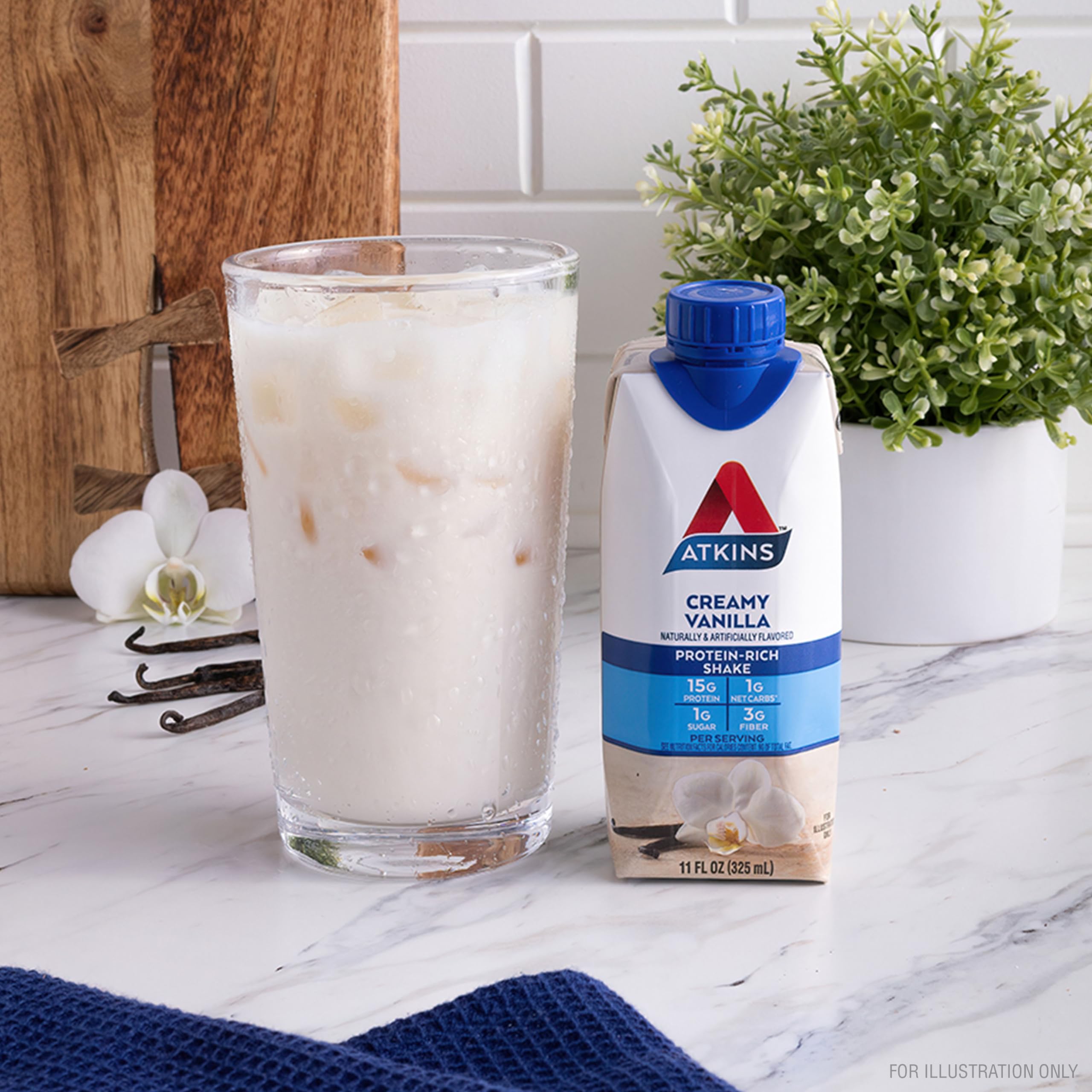 Atkins Creamy Vanilla Protein Shake, 15g Protein, Low Glycemic, 2g Net Carb, 1g Sugar, Keto Friendly, 12 Count