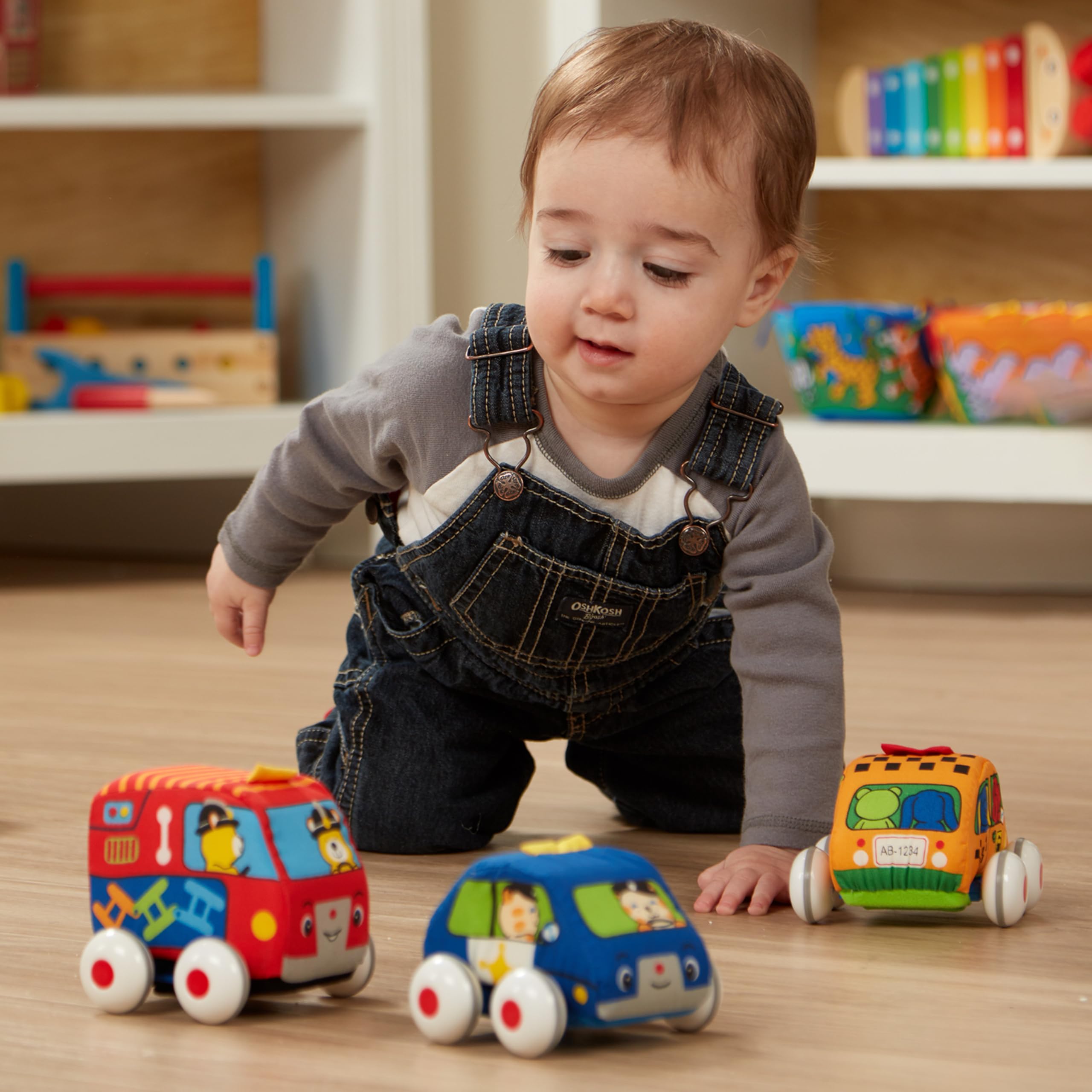 Melissa & Doug K's Kids Pull-Back Vehicle Set - Soft Baby Toy Set With 4 Cars and Trucks and Carrying Case Pull Back Cars, Soft Vehicles Toys For Babies And Toddlers