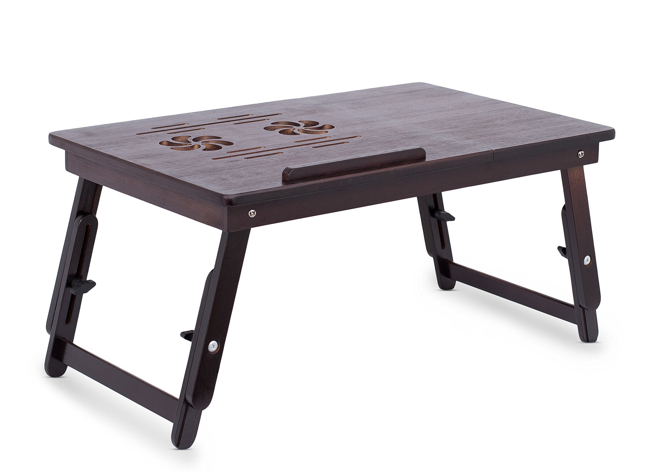 Sofia + Sam Multi Tasking & Ventilated Lap Desk | Folding & Standing Adjustable Wooden Laptop Bed Tray - Table w/Legs | Magnetic Pullout Drawer & Charger Storage | Fits Laptops Up to 15" | Walnut