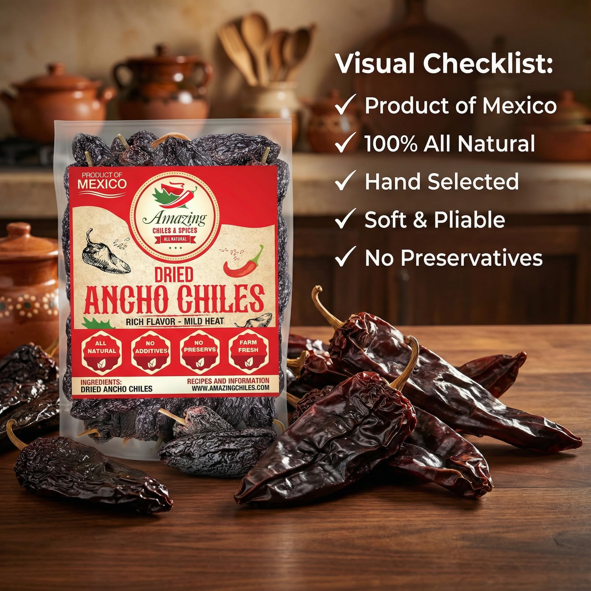 Dried Ancho Chiles Peppers 4 oz – Natural & Premium for Authentic Mexican Mole, Sauces, Stews, Salsas, and More! Sweet & Smoky Flavor with Mild to Medium Heat to Elevate Your Favorite Recipes.