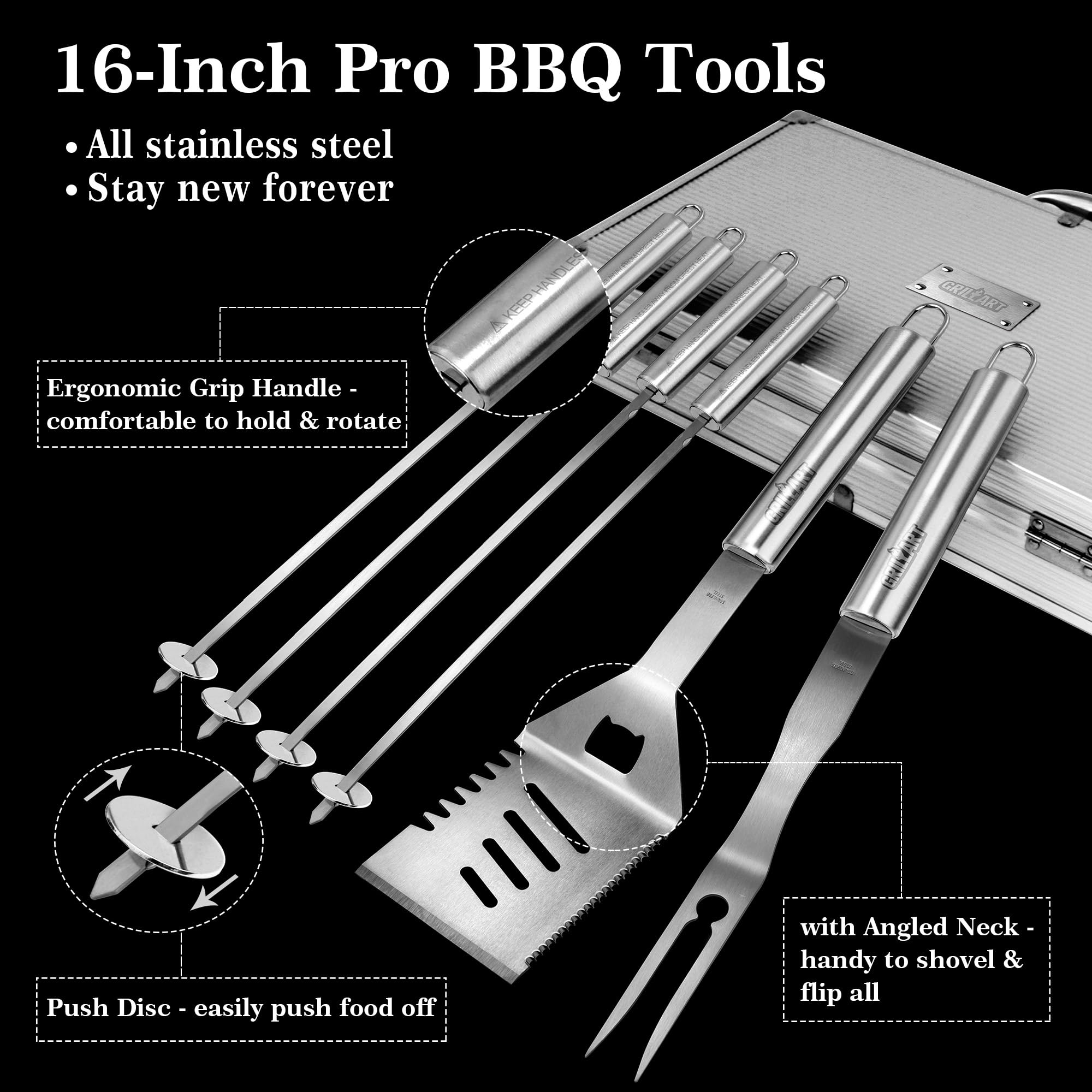 GRILLART BBQ Grill Utensil Tools Set Reinforced BBQ Tongs 19-Piece Stainless-Steel Barbecue Grilling Accessories w/Aluminum Storage Case -Complete Outdoor Grill Kit for Dad, Birthday Gift for Man Dad