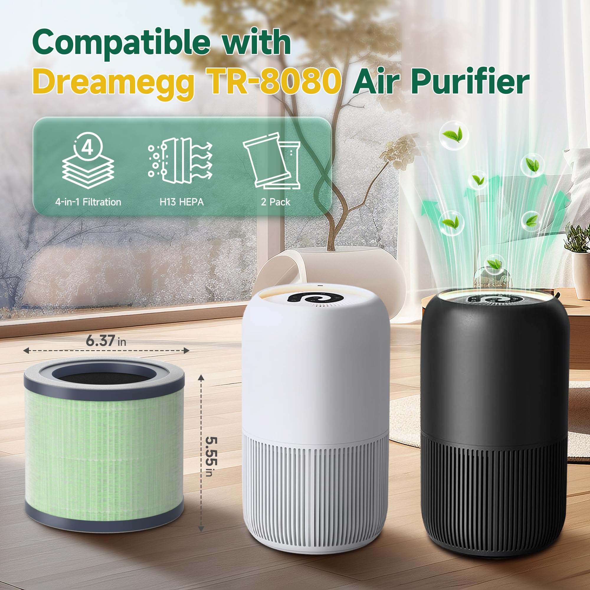 SAKEGDY TR-8080 Replacement Filter Compatible with Dreamegg TR-8080 Air Clean Purifier, Part No# RF001, 4-IN-1 Filtration with True HEPA Filter, 2 Pack