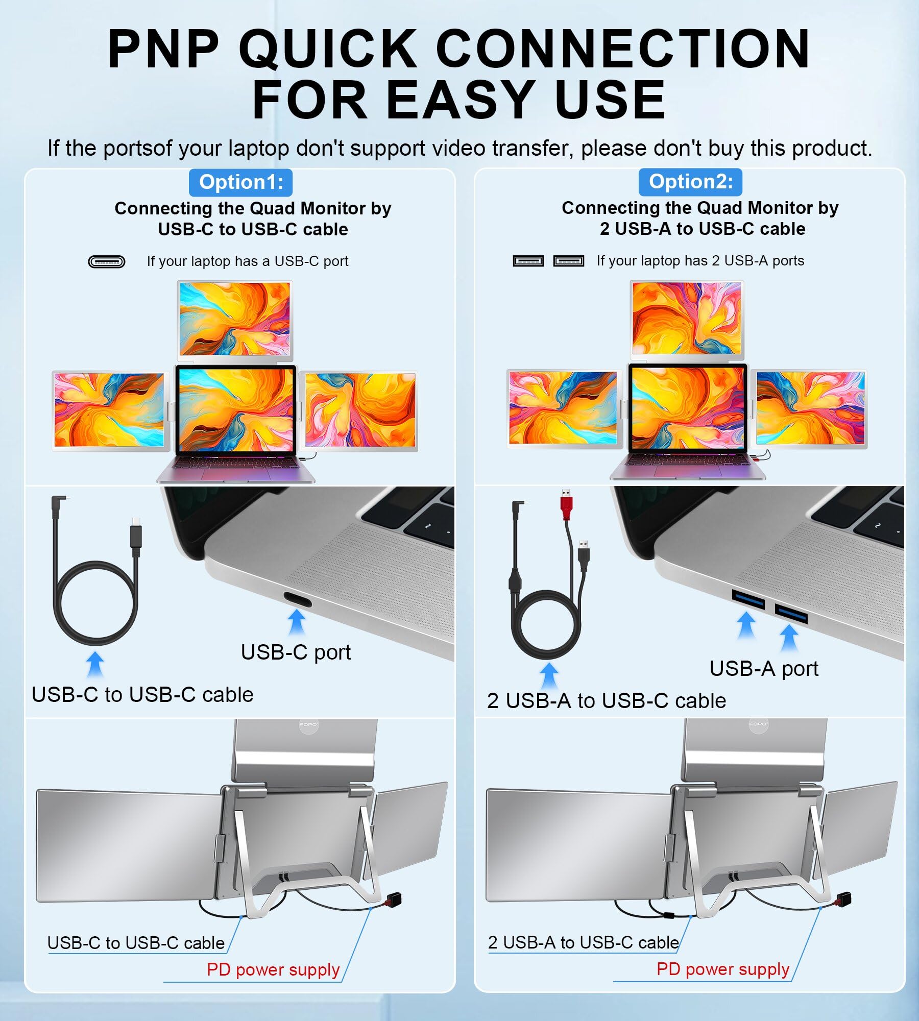 FOPO 16" Laptop Screen Extender Monitor Portable, Quad Monitor, Just 1 Cable for 3 Screens, FHD 1200P IPS Laptop Extender Compatible with Wins/Mac for 13.6" - 18.5" Laptops