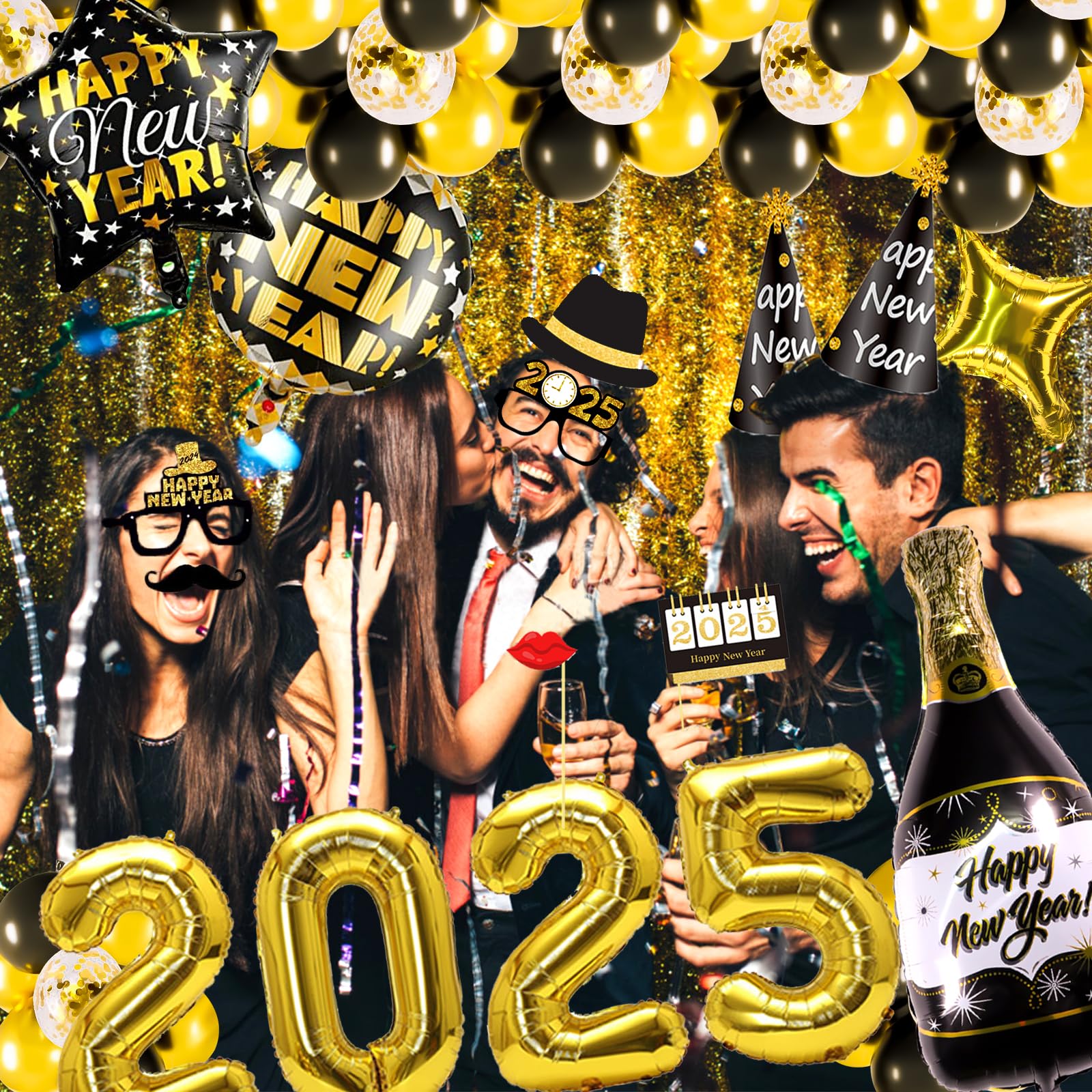 New Years Decorations 2025, New Years Eve Party Supplies 2025 Happy New Year Balloons 2025 NYE Party Kit with Cone Hats & Eyeglasses, Photo Props Happy New Year Banner Foil Curtain Hanging Swirls