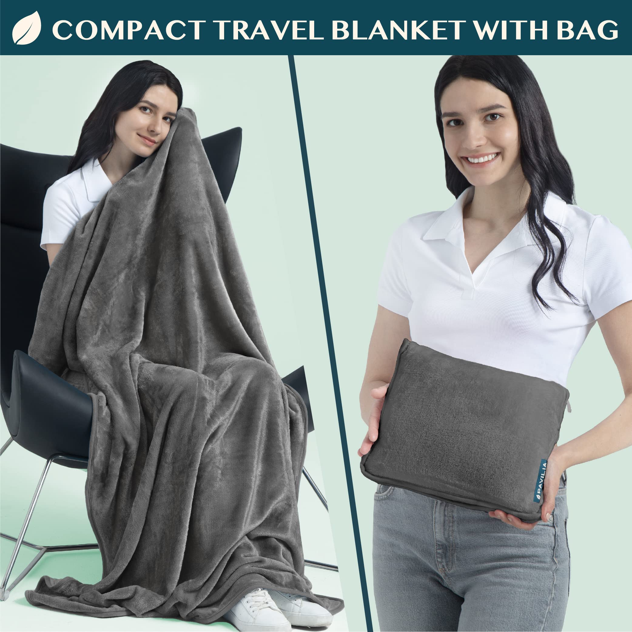 PAVILIA Travel Blanket Pillow, Soft Airplane Blanket 2-in-1 Combo Set, Plane Blanket Compact Packable, Flight Essentials Car Pillow, Travelers Gifts Accessories, Luggage Backpack Strap, 60x43 Gray