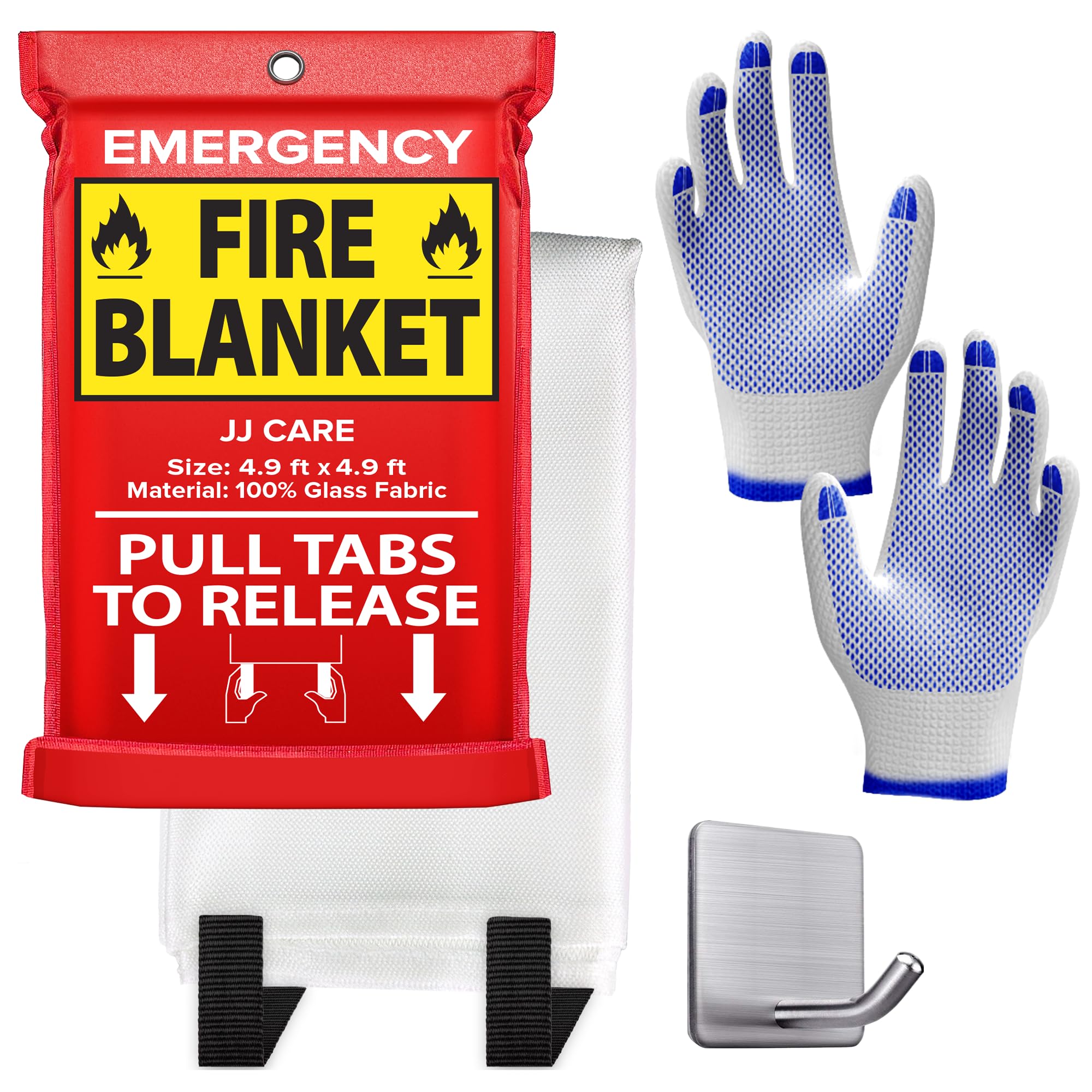 JJ CARE Fire Blanket – (Large) 4.9x4.9ft with Hooks & Gloves, Emergency Fire Blanket for Home & Kitchen, High Heat Resistant Fire Suppression Blankets for Home Safety, Kitchen, Camping