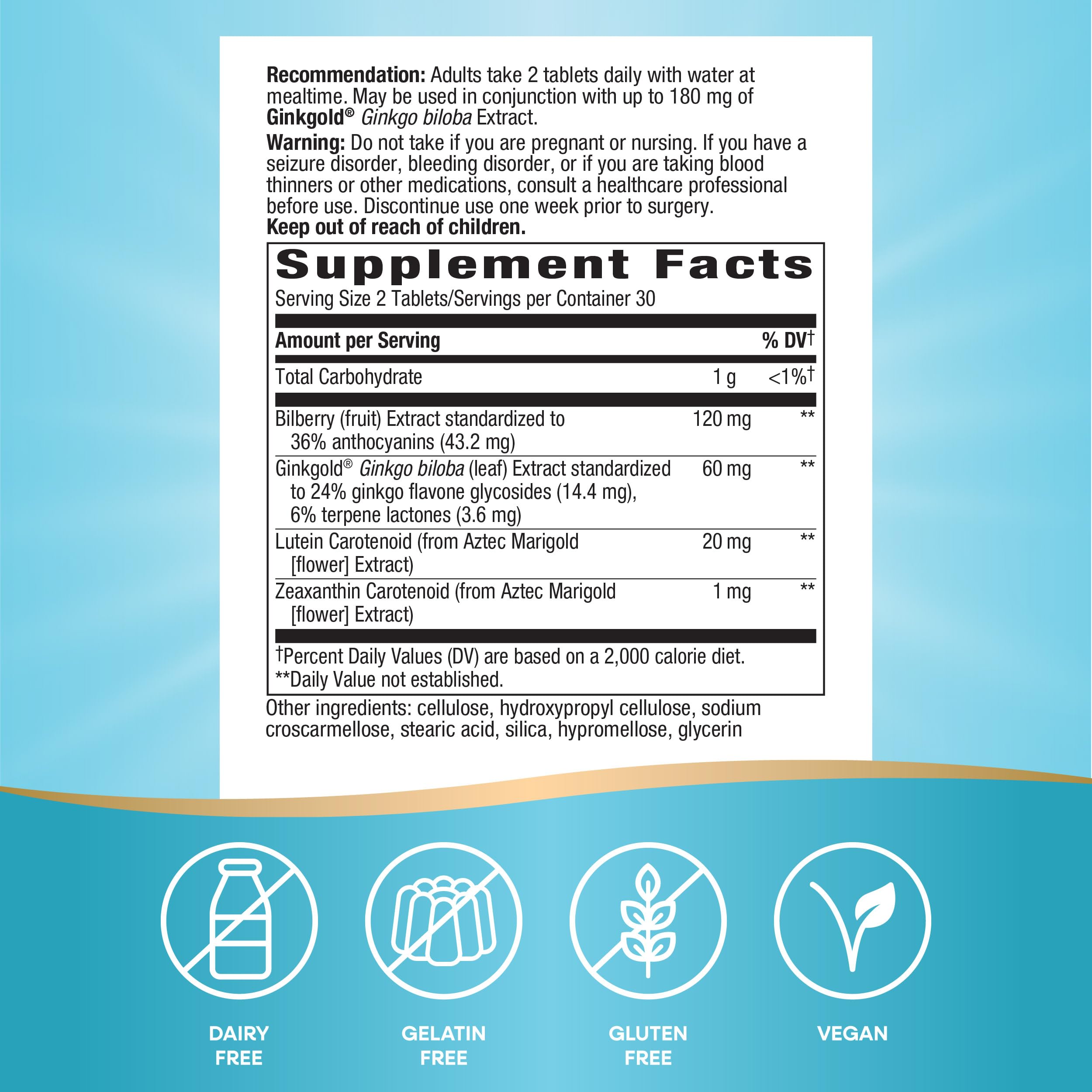 Nature's Way Ginkgold Eyes, Gingko Biloba Supplement for Adults, Supports Eye Health*, Gluten Free, 60mg Ginkgo Biloba Extract Per 2- Tablet Serving, 60 Tablets (Packaging May Vary)