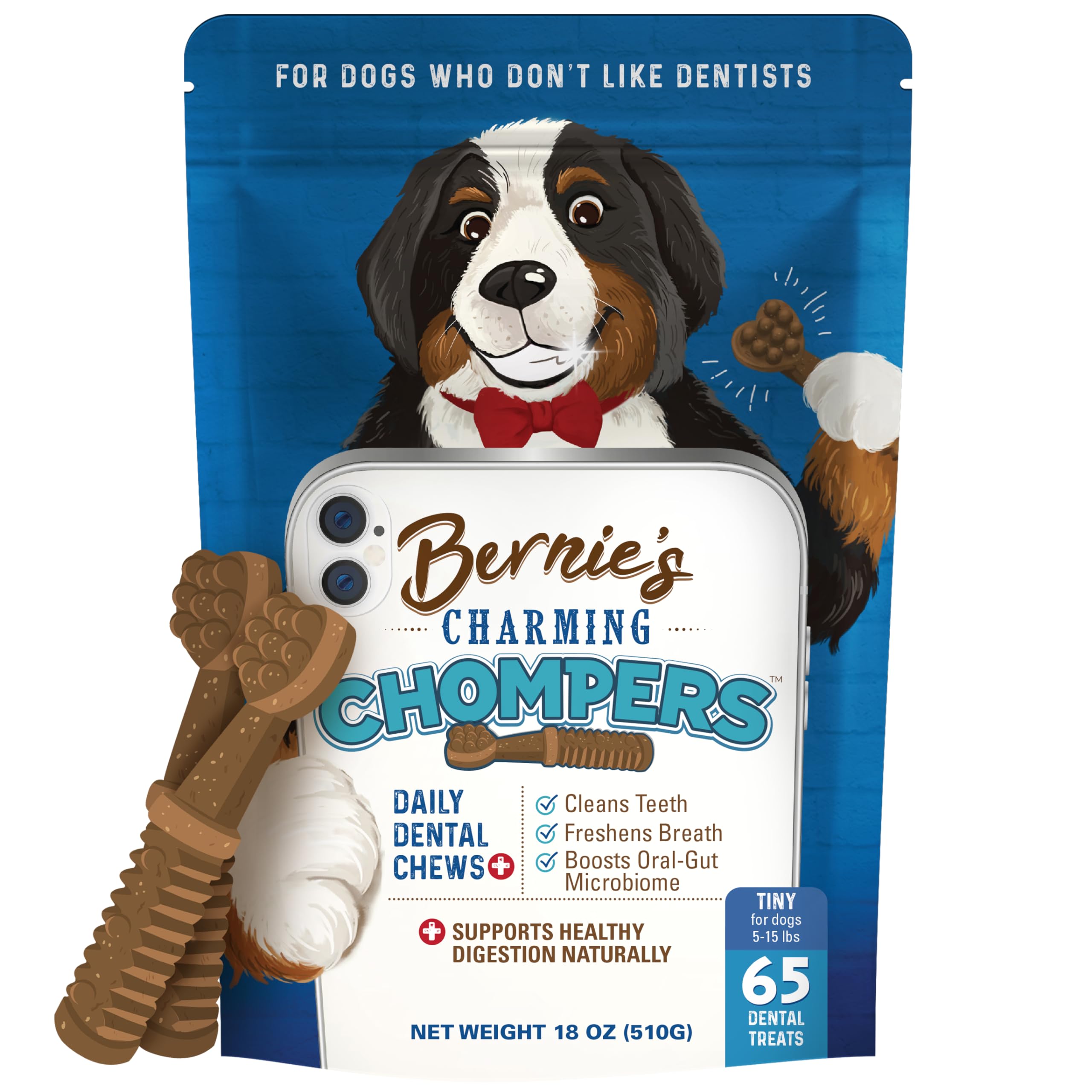 Bernie's Charming Chompers - Daily Dental Chews for Dogs 5-15 Lbs. - 65 Count - Cleans Teeth, Freshens Breath, Boosts Oral-Gut Microbiome. Easy to Digest, Supports Healthy Digestion Naturally