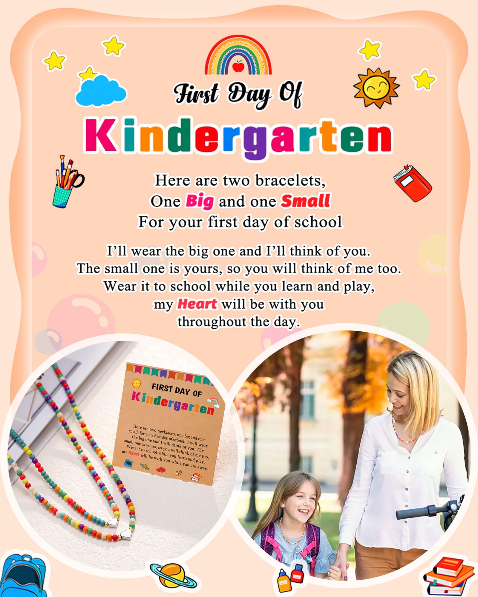 Kidbbi First Day of Kindergarten Gift Back to School Necklace Mommy and Me First Day of School Mom and Daughter Mother Back to School Gifts for Kids Girls