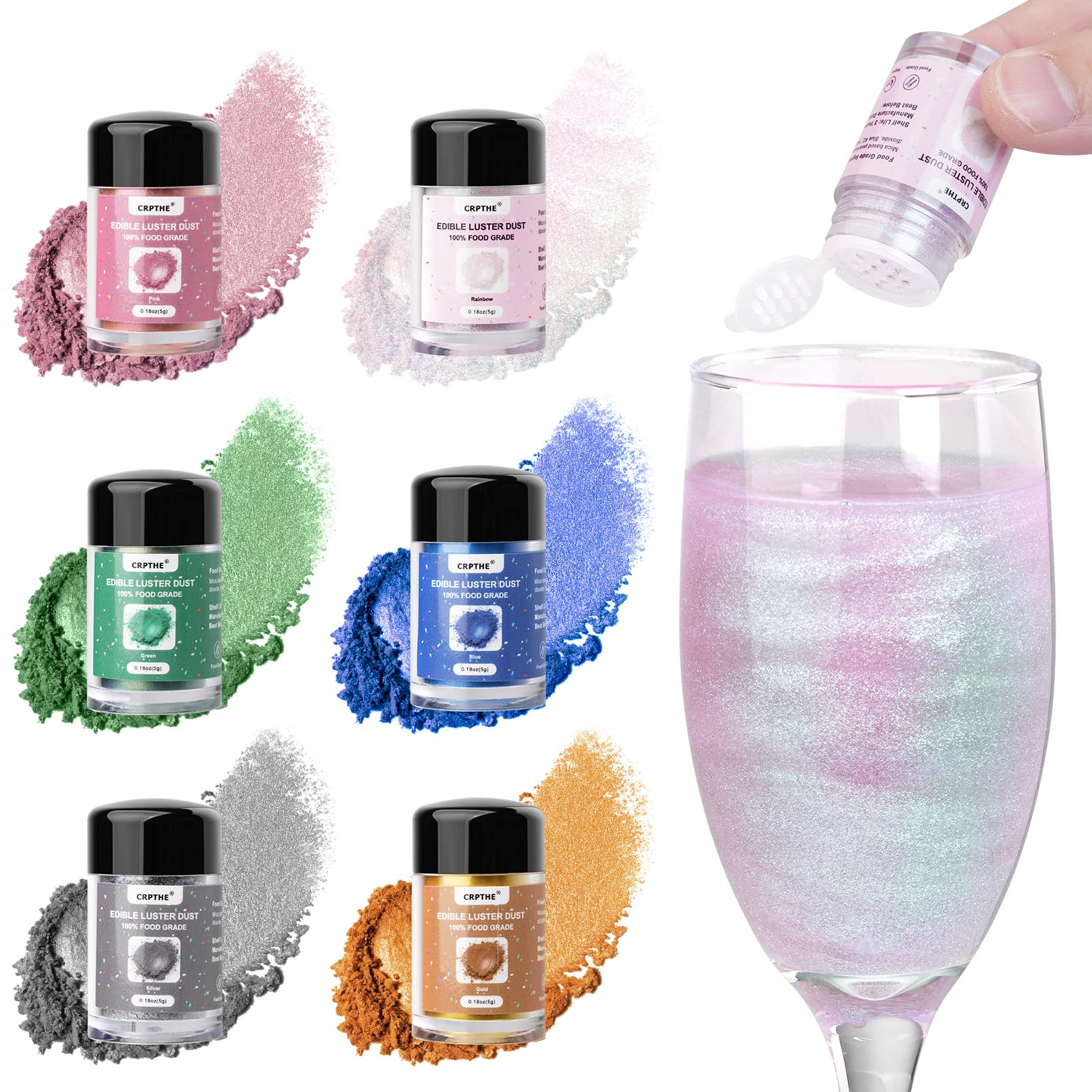 CRPTHE 6 Colors Luster Dust Edible Set, Edible Glitter for Cocktails, Food Grade Glitter Shimmer Sprinkle Powder for Drinks, Baking, Beverages, Cakes, Strawberries, Cookies, Fondant, Vegan(5g/Bottle)