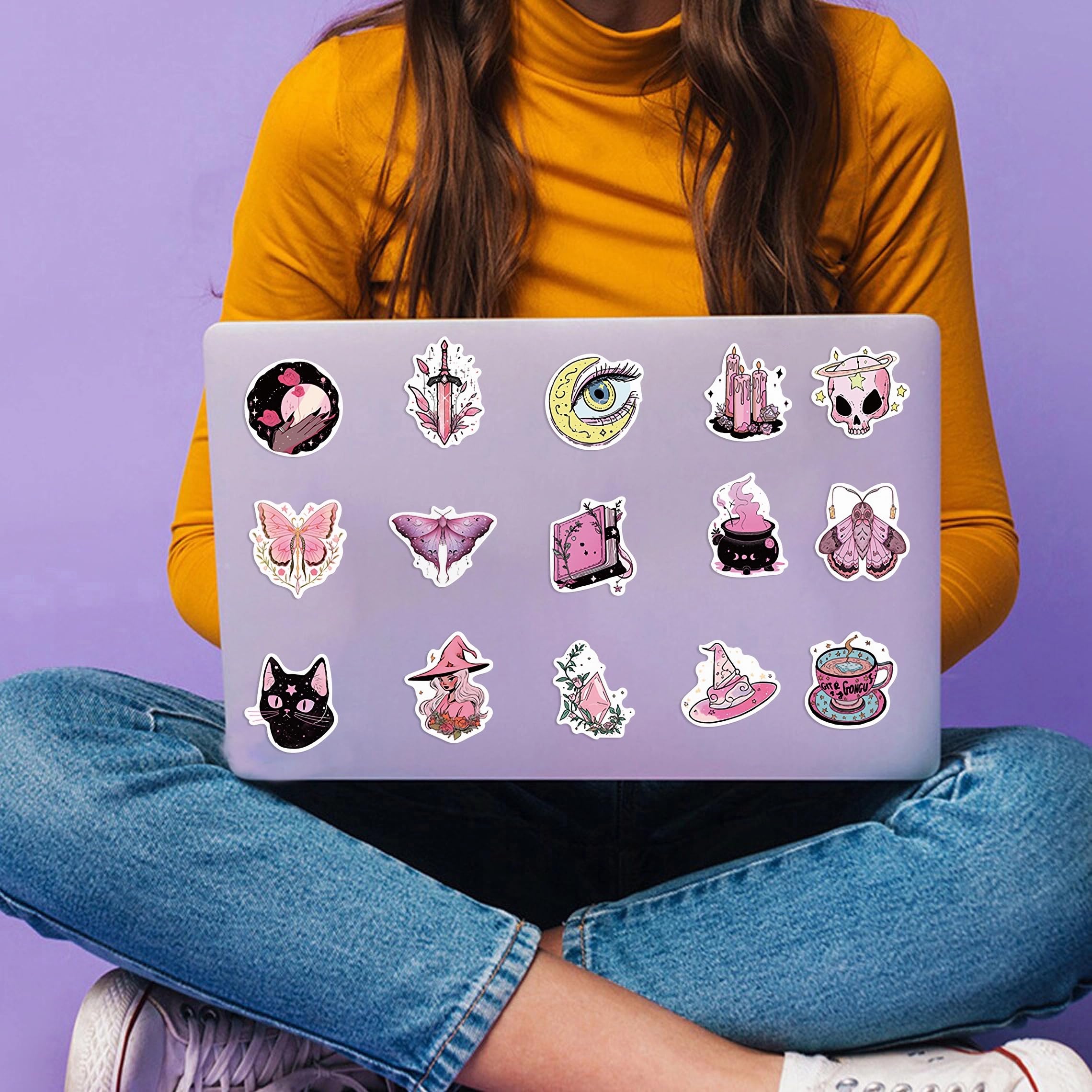 50 Pcs Pink Witch Stickers, Pink Aesthetic Stickers, Cryptid Stickers,Vintage Waterproof Stickers for Phone Case, Laptops, Books, Notebook, Water Bottle, Bicycles, Skateboards